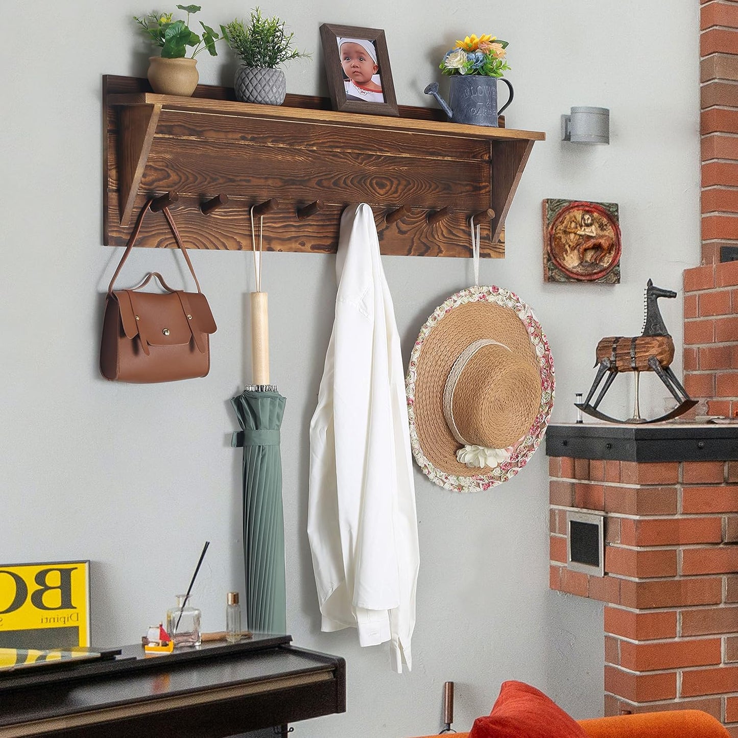 WEBI Coat Rack Wall Mount with Shelf,8 Peg Hooks,34" Long Rustic Entryway Wall Shelf with Hooks Underneath for Hanging