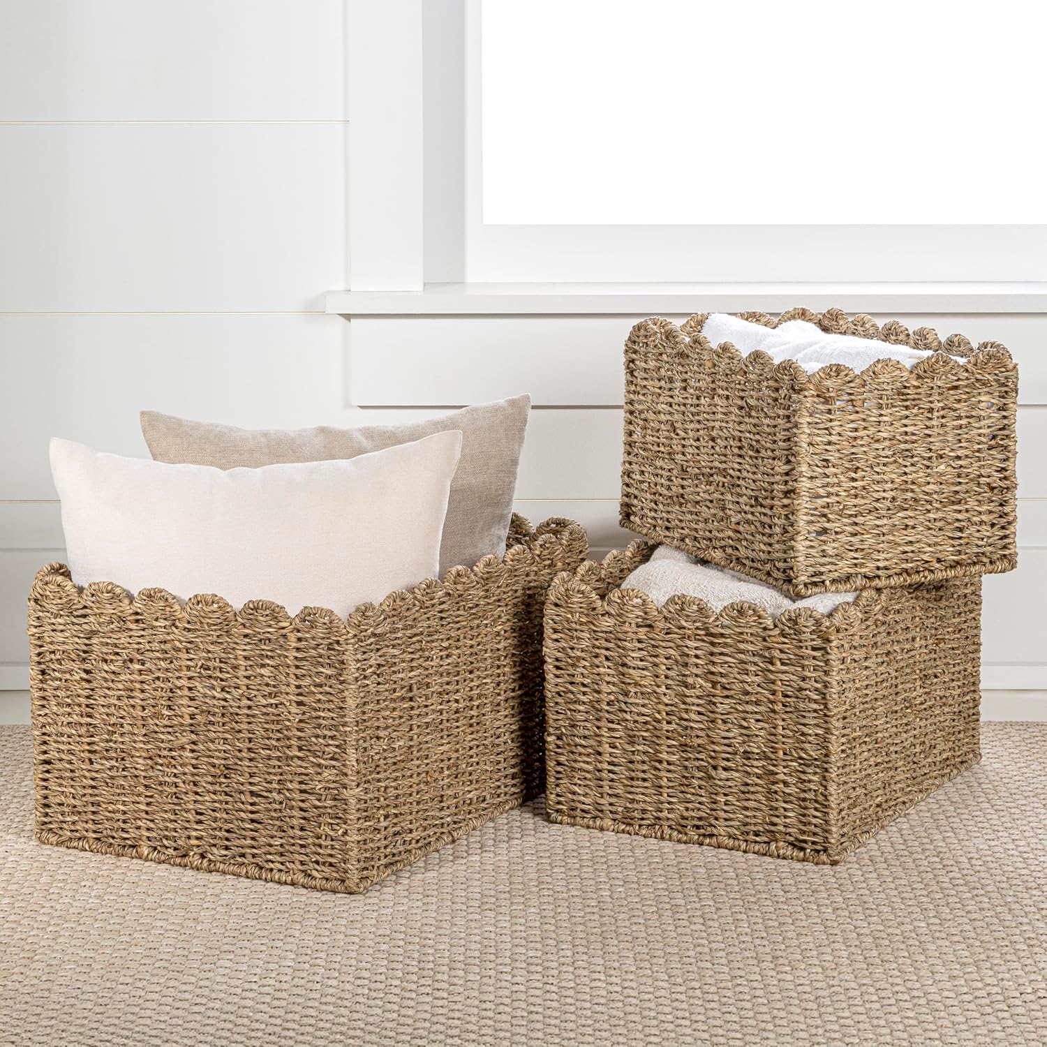 BSK2013A- Arden Coastal Cottage Seagrass Scalloped Rectangular Organizing / Natural / Set of 3