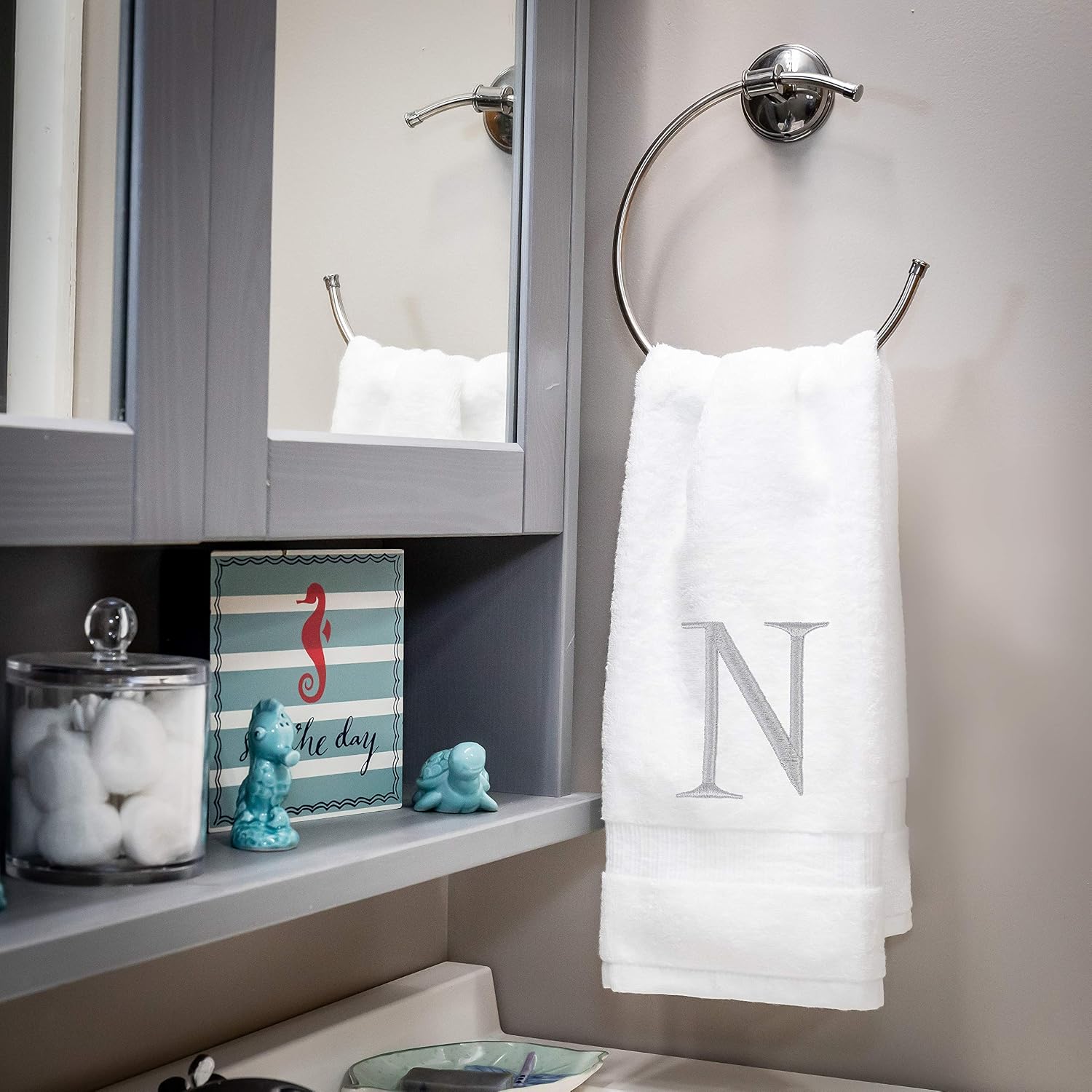 White with Silver Monogrammed Hand Towels for Bathroom - Set of 2 Letter N | Luxury Hotel Quality Initial Towels For