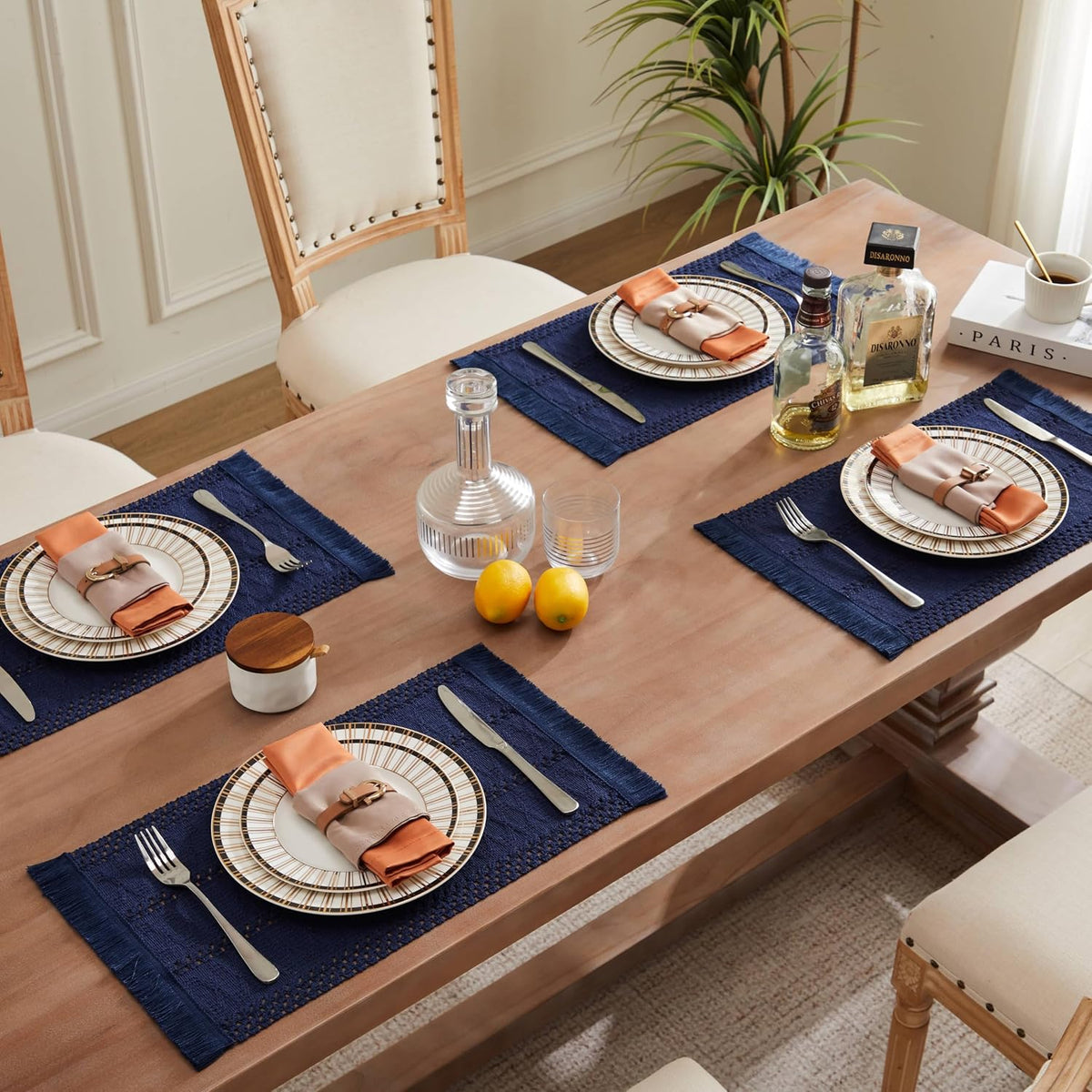 Macrame Style Boho Placemats Set of 6, Navy Blue 12x20 Inch | Decorative Farmhouse Table Mats, Natural Cotton Woven