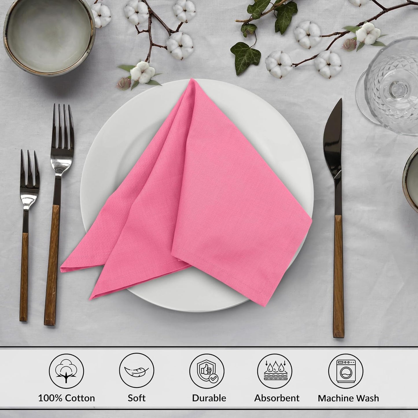 Ruvanti Cloth Napkins Set of 12, 100% Cotton 18”x18” - Pink | Washable, Soft, Durable & Absorbent Everyday Napkins. For