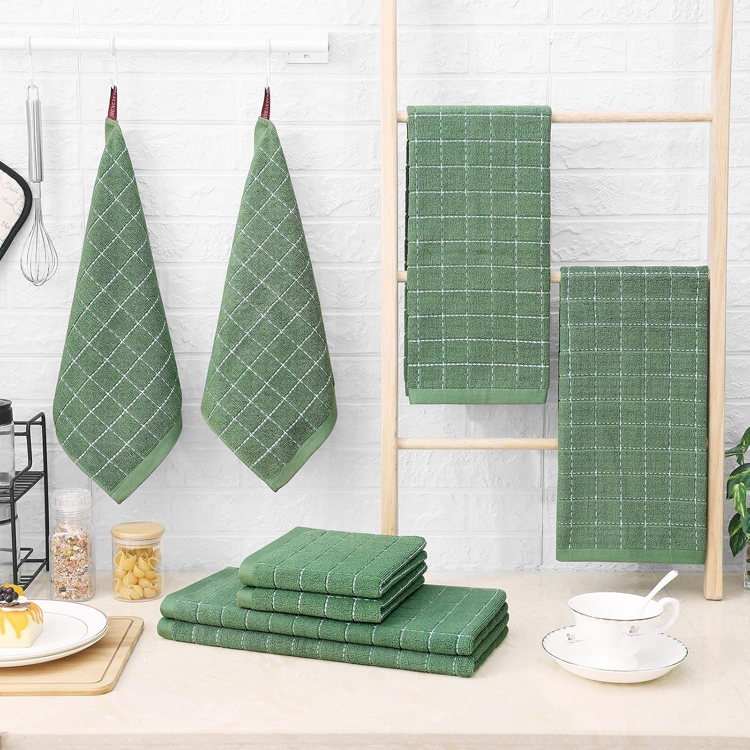 Homaxy Kitchen Towels and Dishcloths Set, Set of 12, Grass Green | Bulk Cotton Terry Kitchen Towels, Checkered