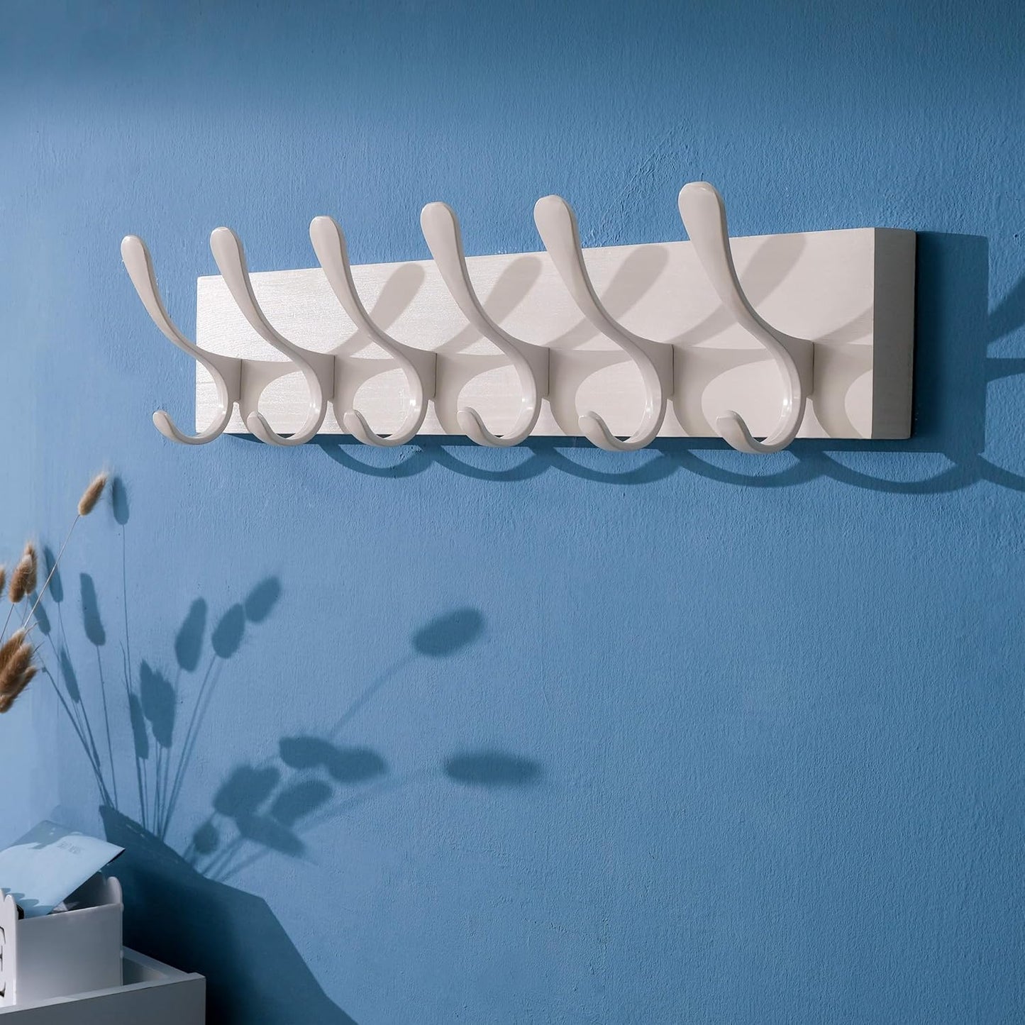 SKOLOO Wall Mount Coat Rack - White Wooden Wall Coat Hooks, Pack of 2, 6 Hooks for Coats, Hats, Clothing, Scarves
