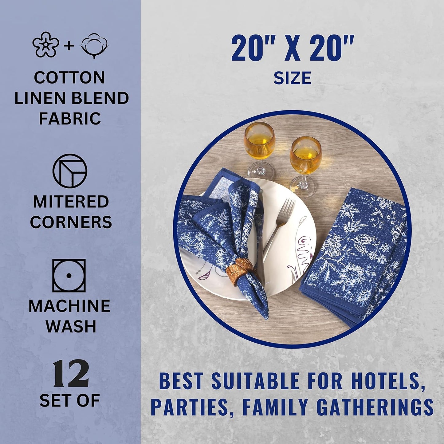 FINGERCRAFT Cloth Napkins Set of 12 Cotton Linen, 20x20 Inch, Marlo Thomas | Mitered corner, washable, soft, absorbent