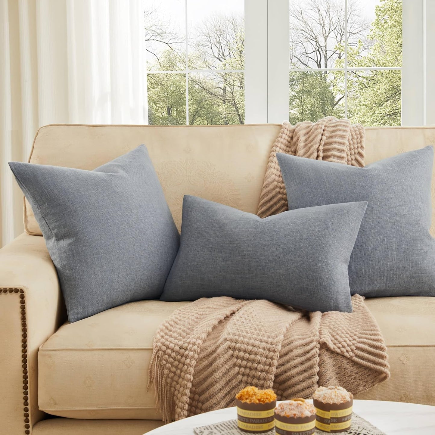Rustic Cotton Linen Throw Pillow Covers / Blue Ashes / 18 x 18 / Set of 2