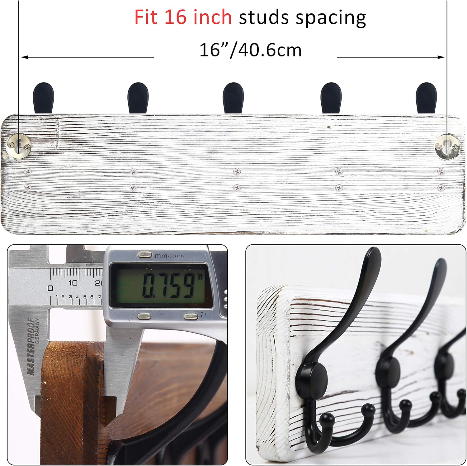 WEBI Coat Rack Wall Mount,Wood Coat Hooks Wall Mounted Coat Hanger,16" Hole to Hole,Wall Hook Rack Rail,5 Triple Hooks