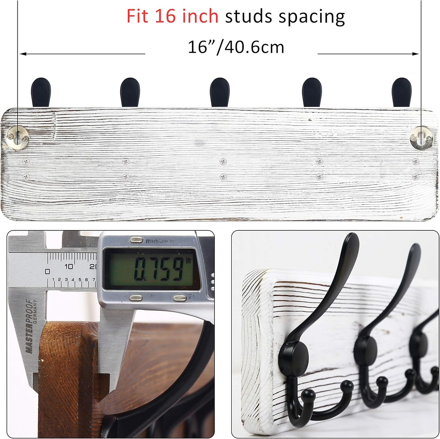 WEBI Coat Rack Wall Mount,Coat Hooks Wall Mounted,16" Hole to Hole,Coat Hanger Wall,Wood Hook Rack Rail,5 Triple Hooks