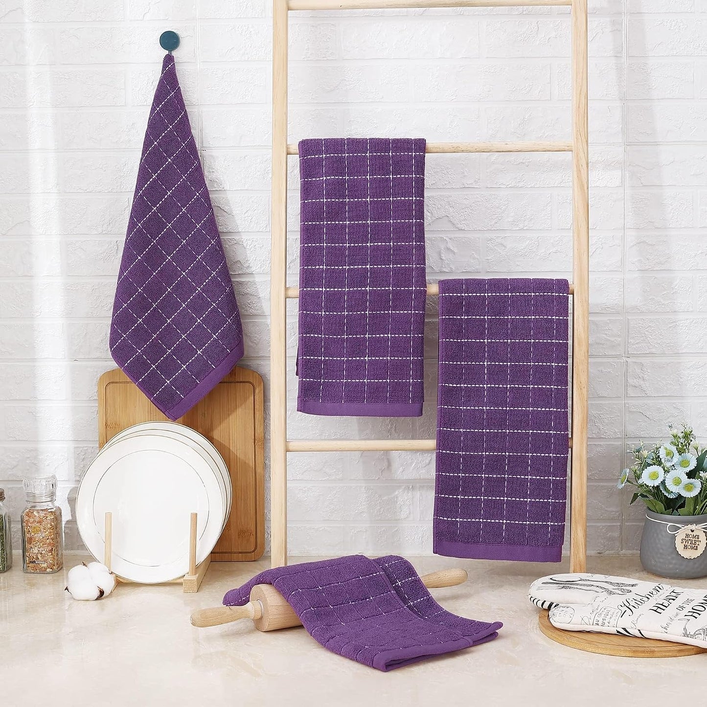 Homaxy 100% Cotton Terry Kitchen Towels, 6 Pack, Purple | Ultra Soft and Absorbent Dish Towels for Kitchen, Suitable