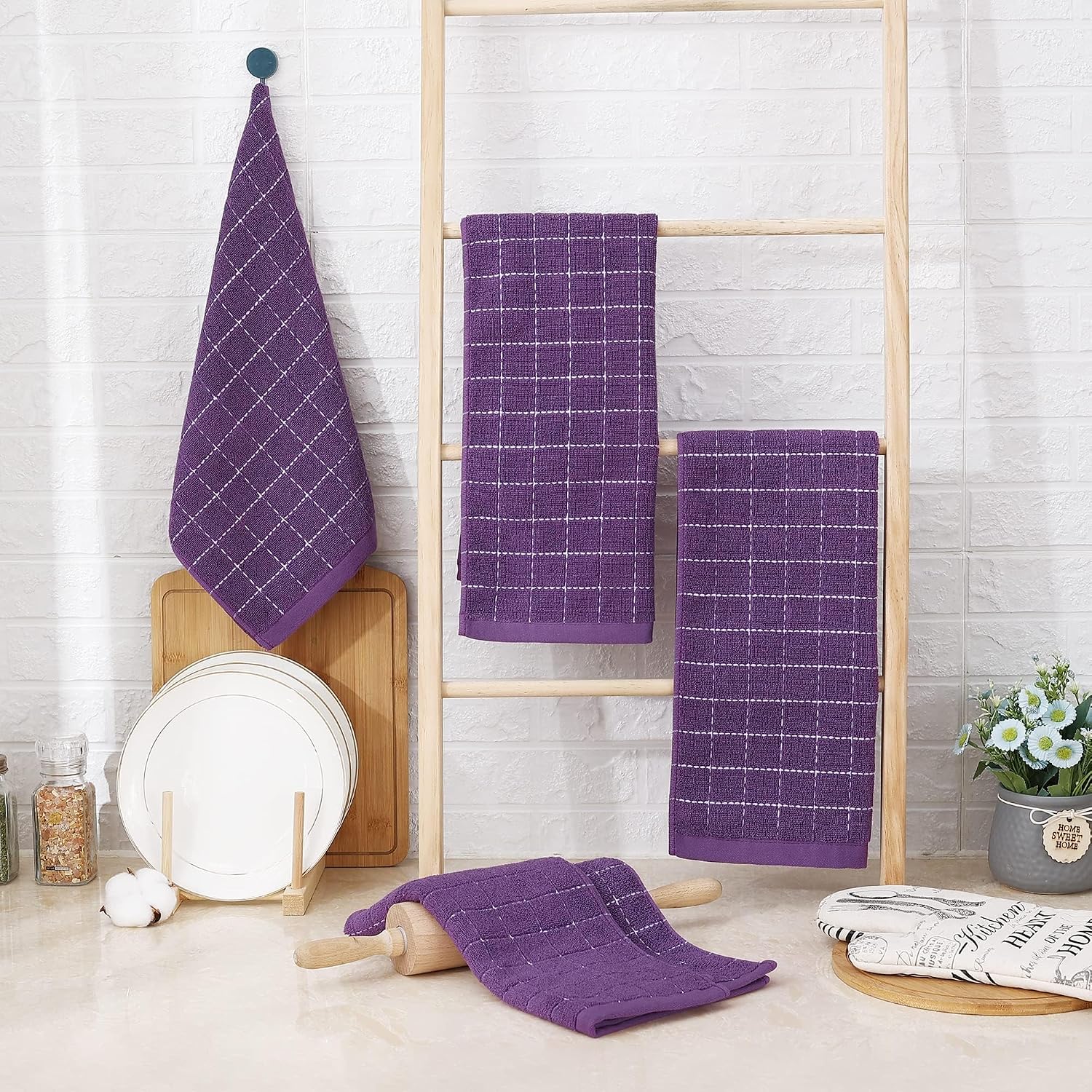 Homaxy 100% Cotton Terry Kitchen Towels, 8 Pack, Purple | Ultra Soft and Absorbent Dish Towels for Kitchen, Suitable