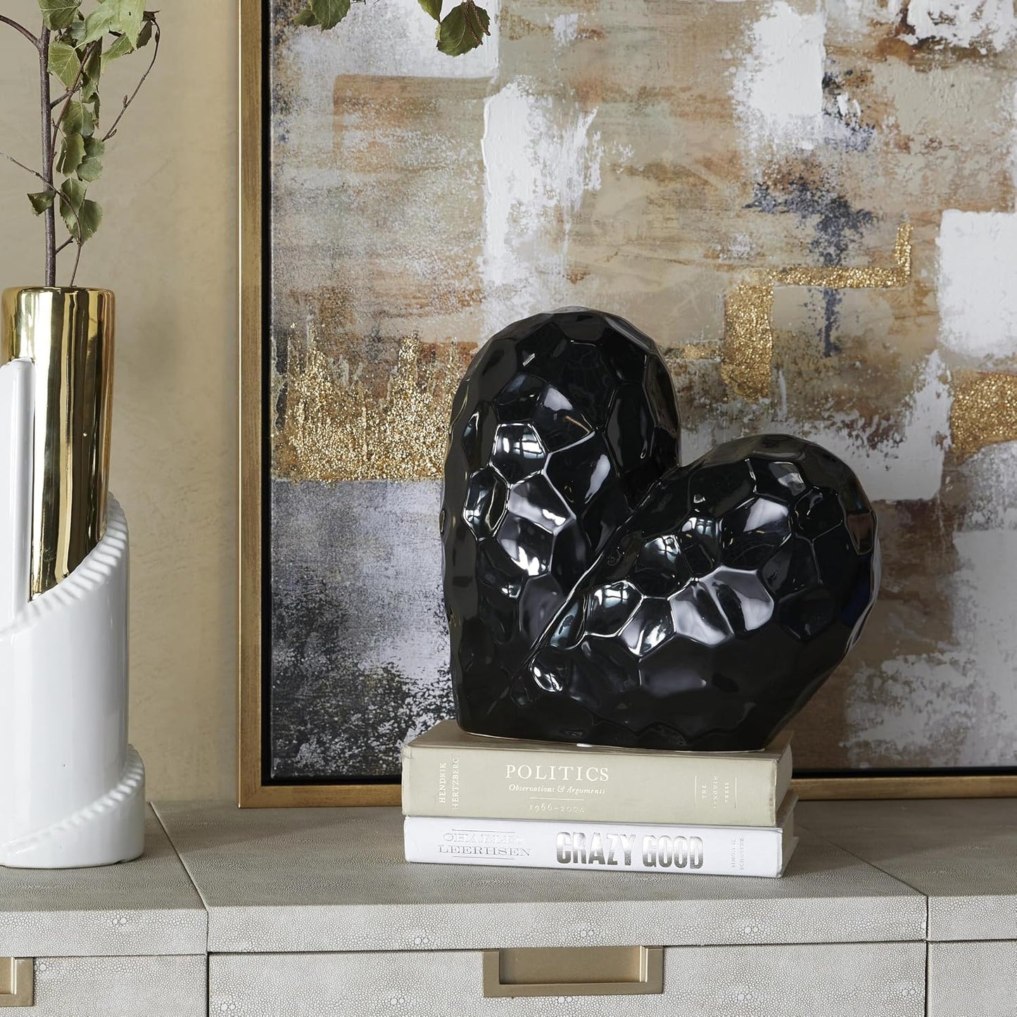 Porcelain Ceramic Heart Decorative Sculpture Dimensional Angled Origami / Black / 12 x 6 x 11