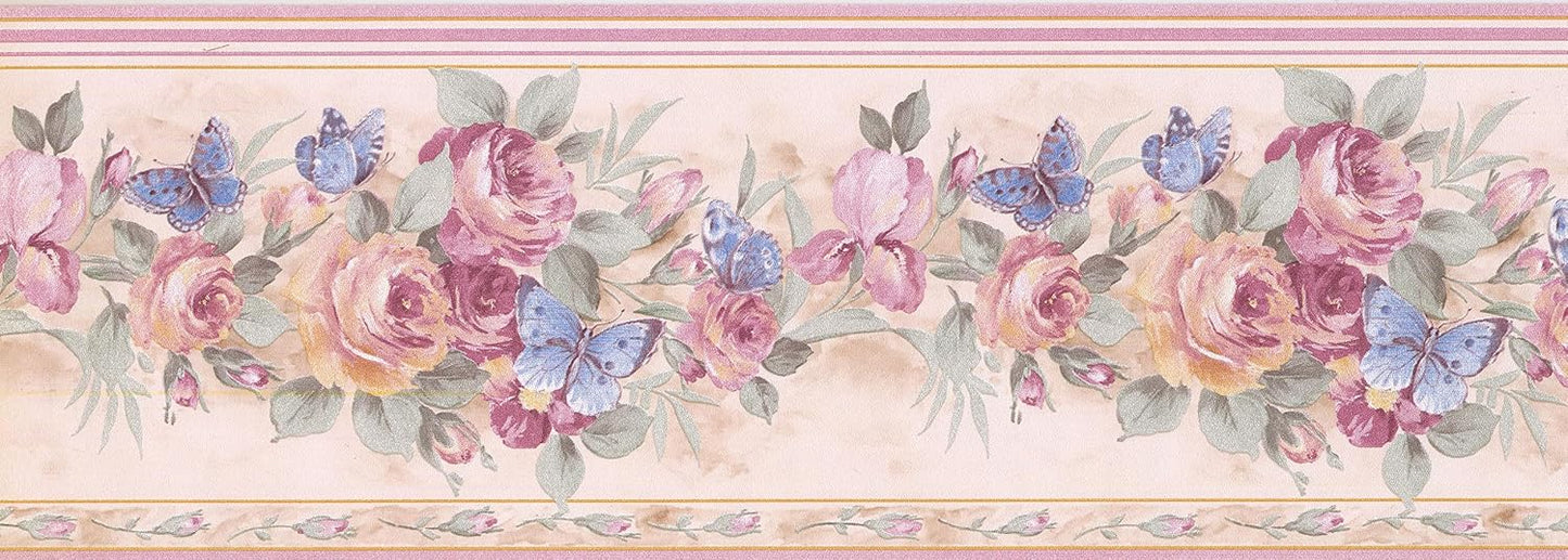 Floral Wallpaper Border / Beige Butterflies