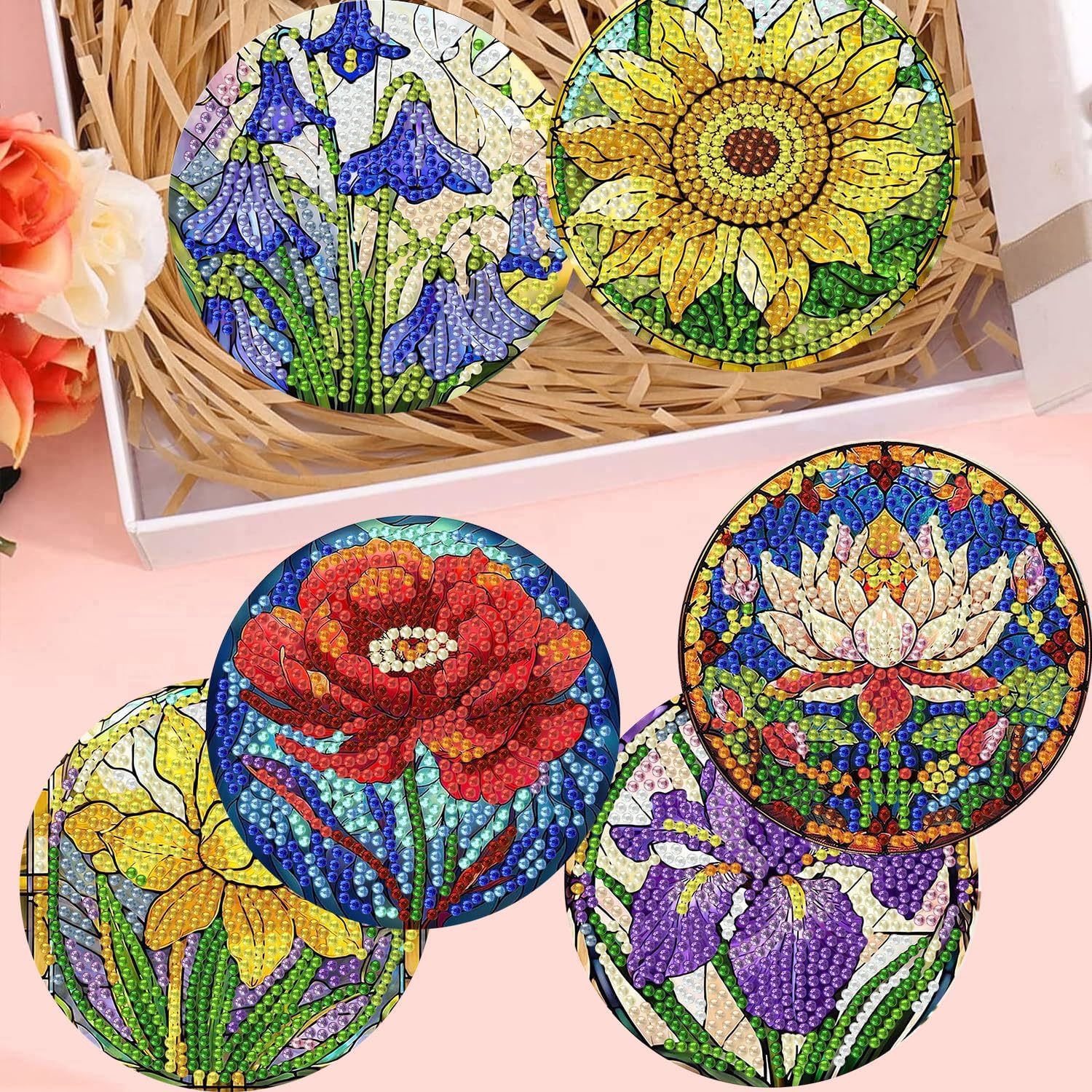 Diamond Art Coasters Flowers Diamond Painting Coasters Kits Flower / Flowers Coasters / Set of 8