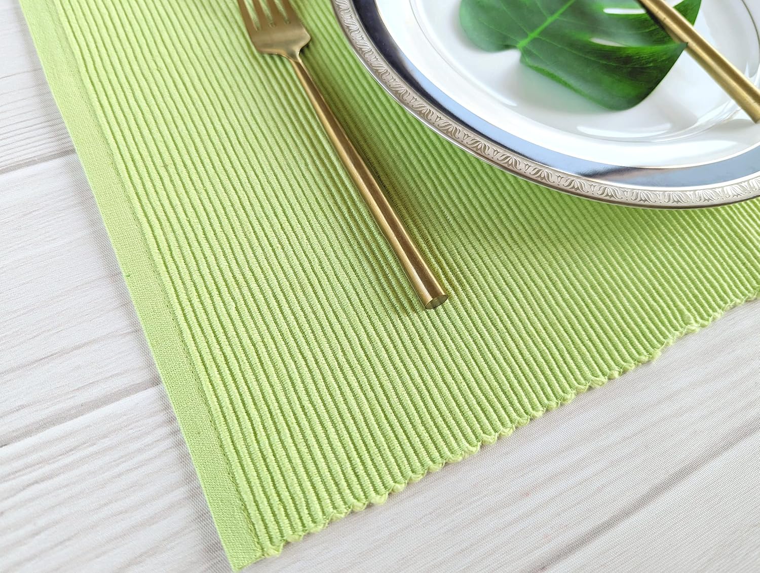 100% Cotton Ribbed Placemats - Set of 8-13 x 19 Inches - Light Lime Green - Everyday Cloth Table Mats - Thick