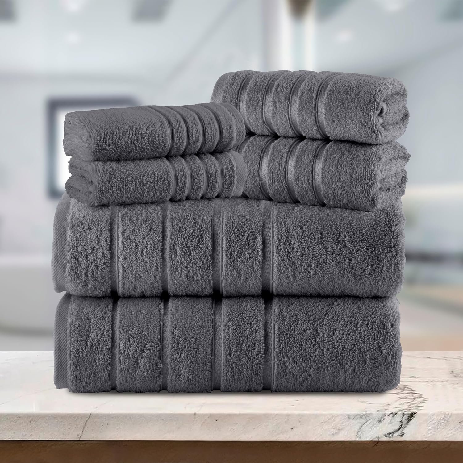 Elegant Comfort 4 Lines Viscose Stripe 6-Piece Premium Towel Set - 100% Turkish Cotton High Absorbent Luxury Bathroom