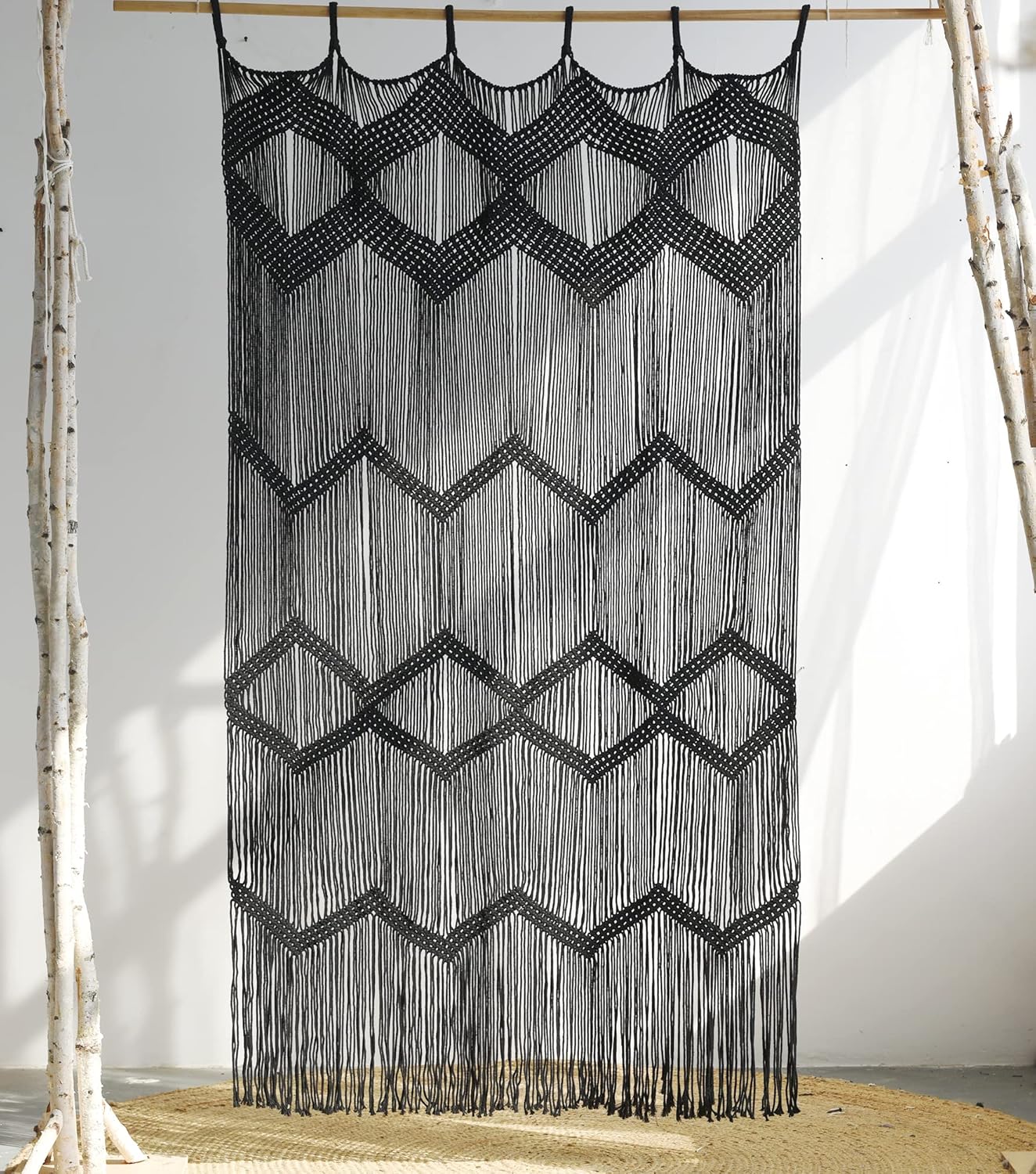 Macrame Curtain Boho Window Macrame Doorway Curtain Macrame Wall Decor Bedroom Headboard / Black