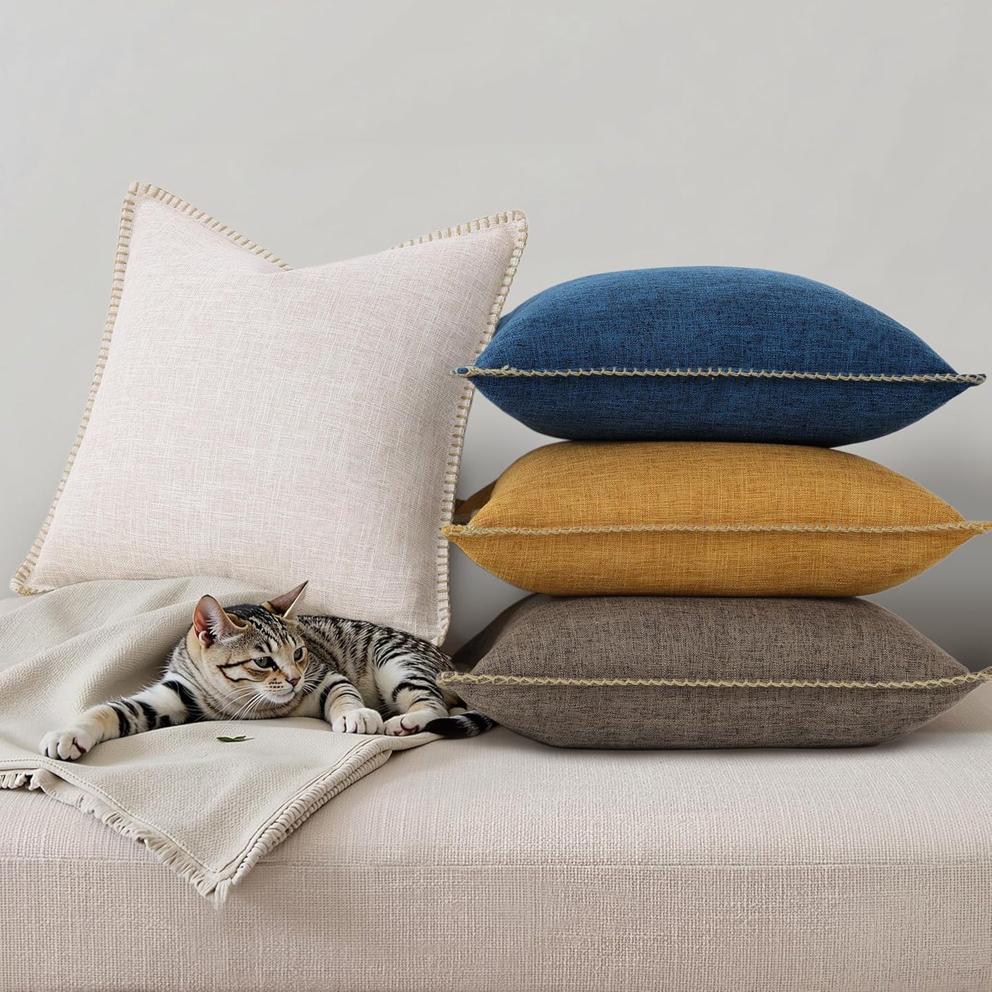 Fall Decorative Throw Pillow Covers Square Faux Linen Outdoor Neutral / Beige / 18 x 18 / Set of 2