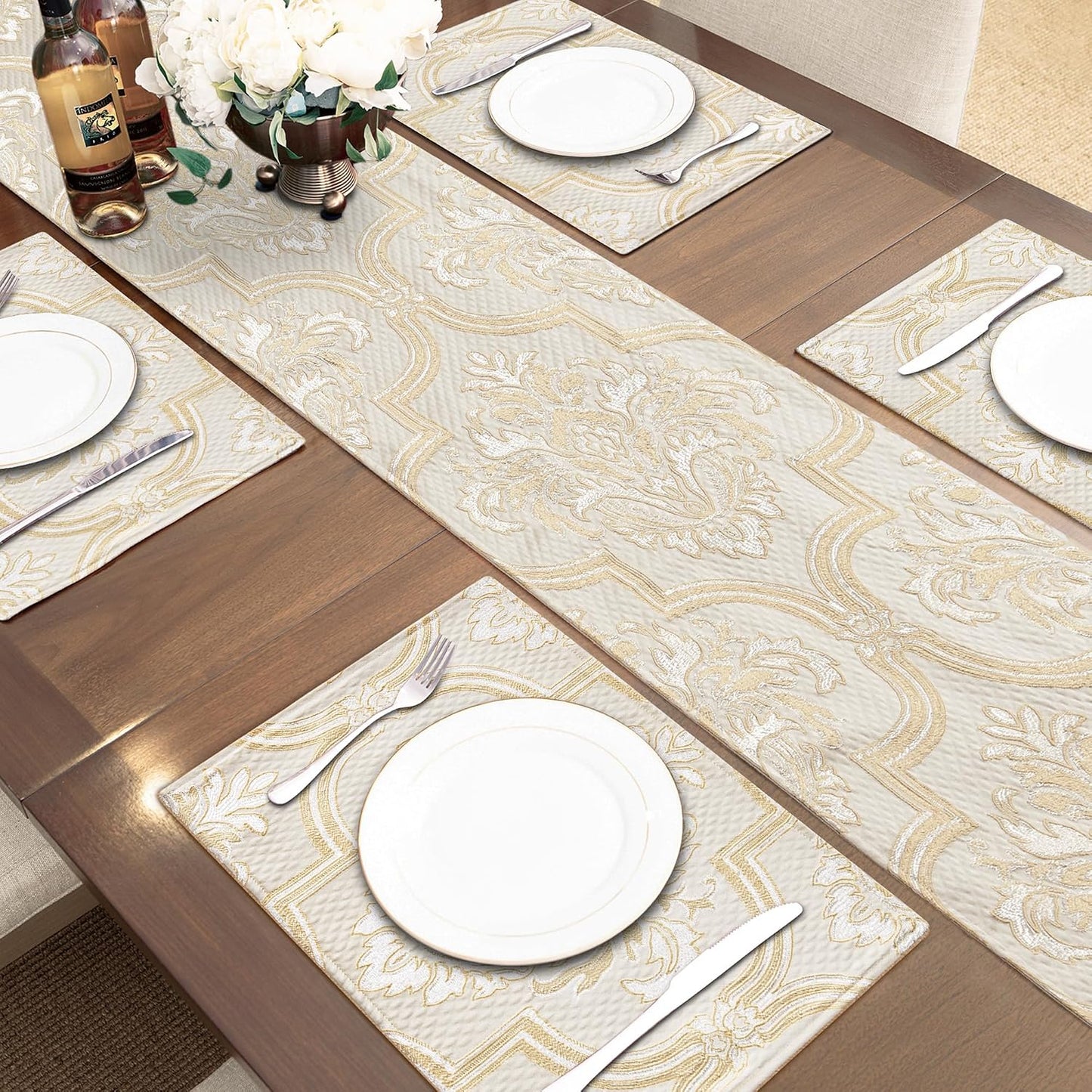 Loom and Mill Elegant Damask Jacquard Table Runner 13x108 inch, Beige Gold | Floral Design Double Layer Dining Table