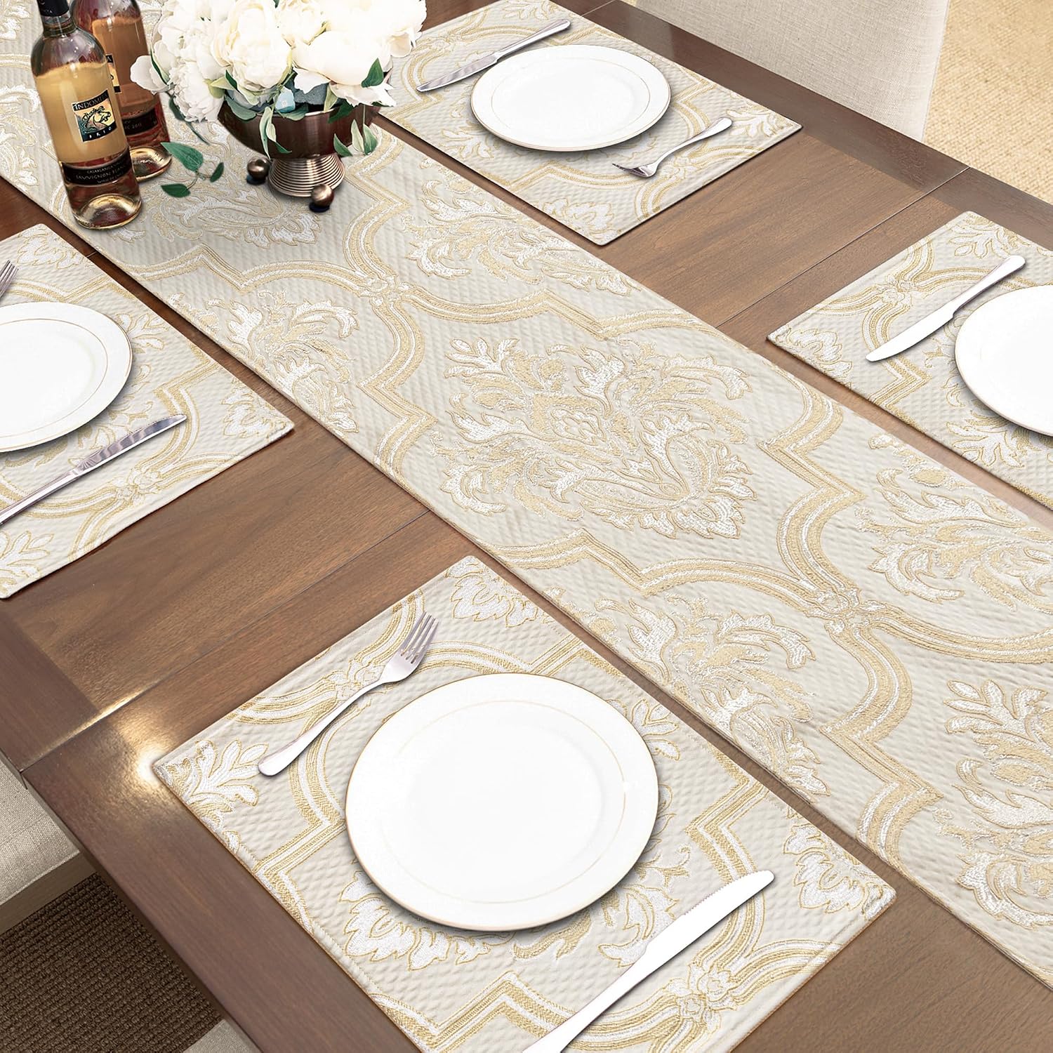 Loom and Mill Elegant Damask Jacquard Table Runner 13x108 inch, Beige Gold | Floral Design Double Layer Dining Table