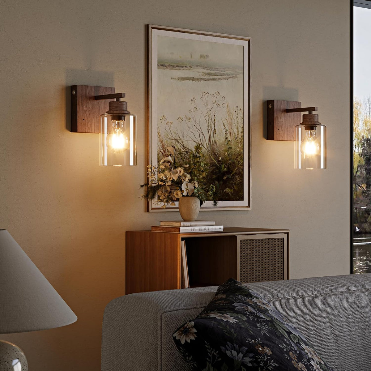 Rayogale Walnut Battery Operated Wall Sconce Set of Two with Remote Control | Dimmable Rechargeable Wall Lights with