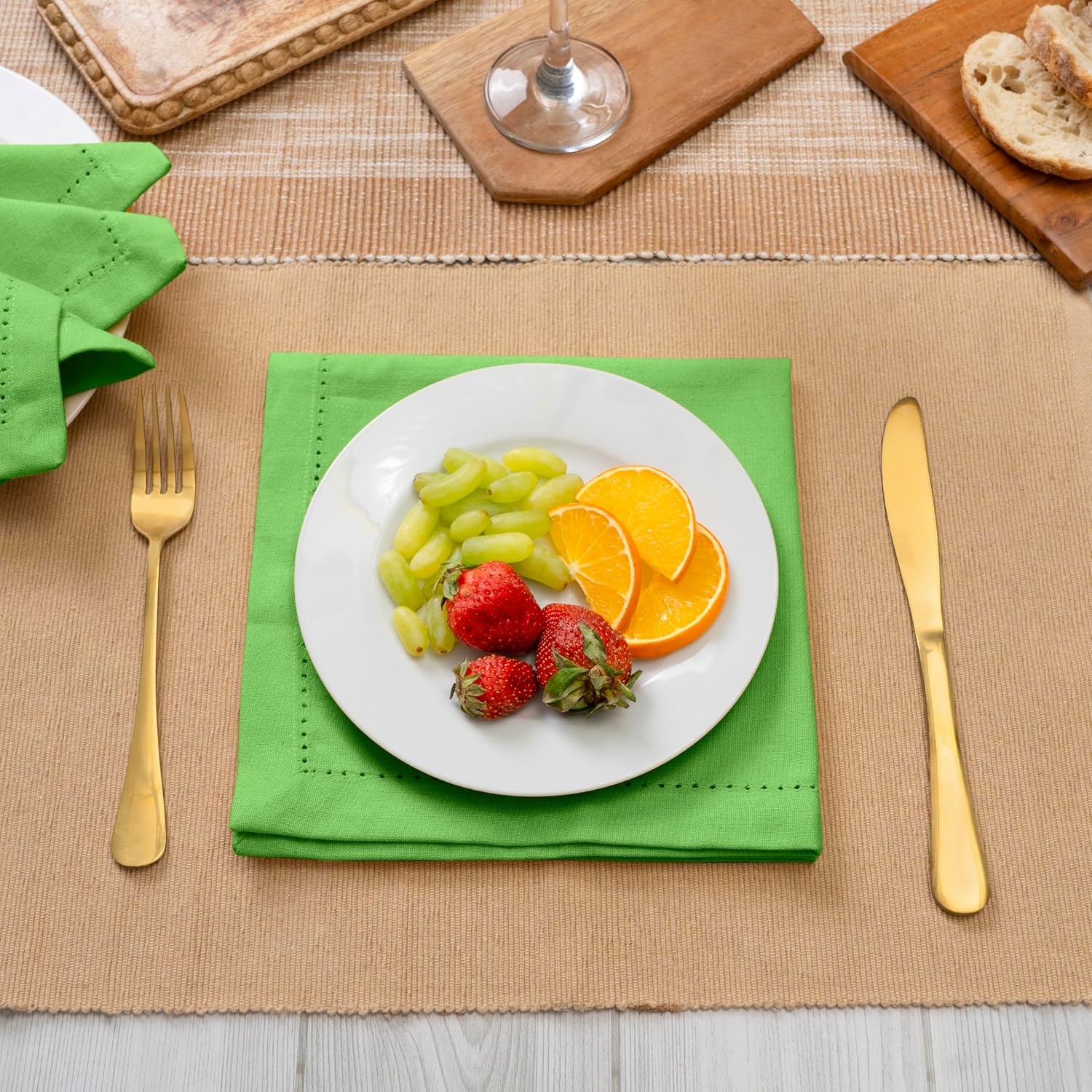 Blue Needles Set of 12 Hemstitch Linen Napkins 100% Cotton Apple Green Cloth Dinner Napkins 18x18 inches - Spring