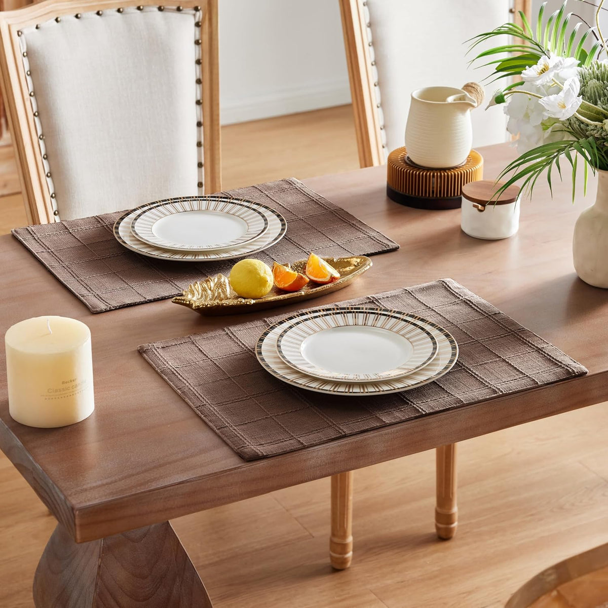 Linen Checked Farmhouse Placemats Set of 4, Cocoa Brown 13x19in | Double Layer, Reversible, Thick Textured Table Mats