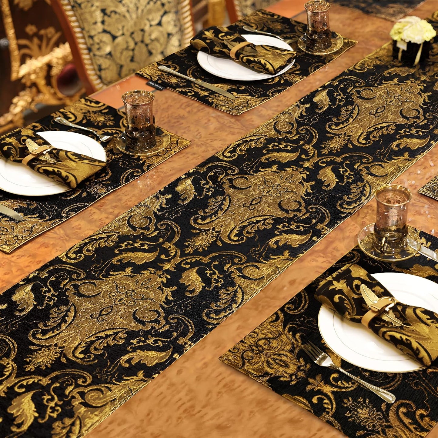 Loom and Mill Luxury Vintage Chenille Table Runner 120 Inches Long, Black | Damask Jacquard Table Runners with