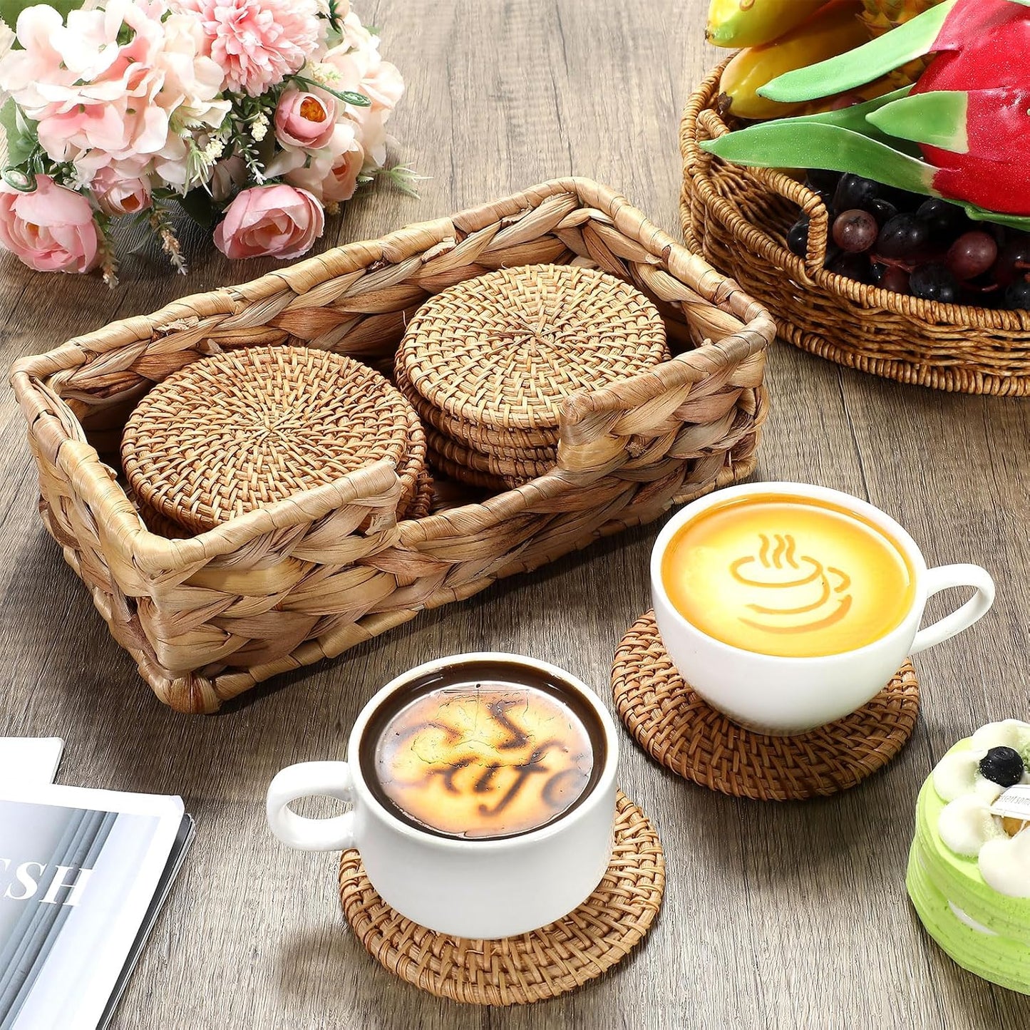 Holder Woven Wicker Boho Coasters Set Heat Resistant Drink Woven / Natural / Set of 12
