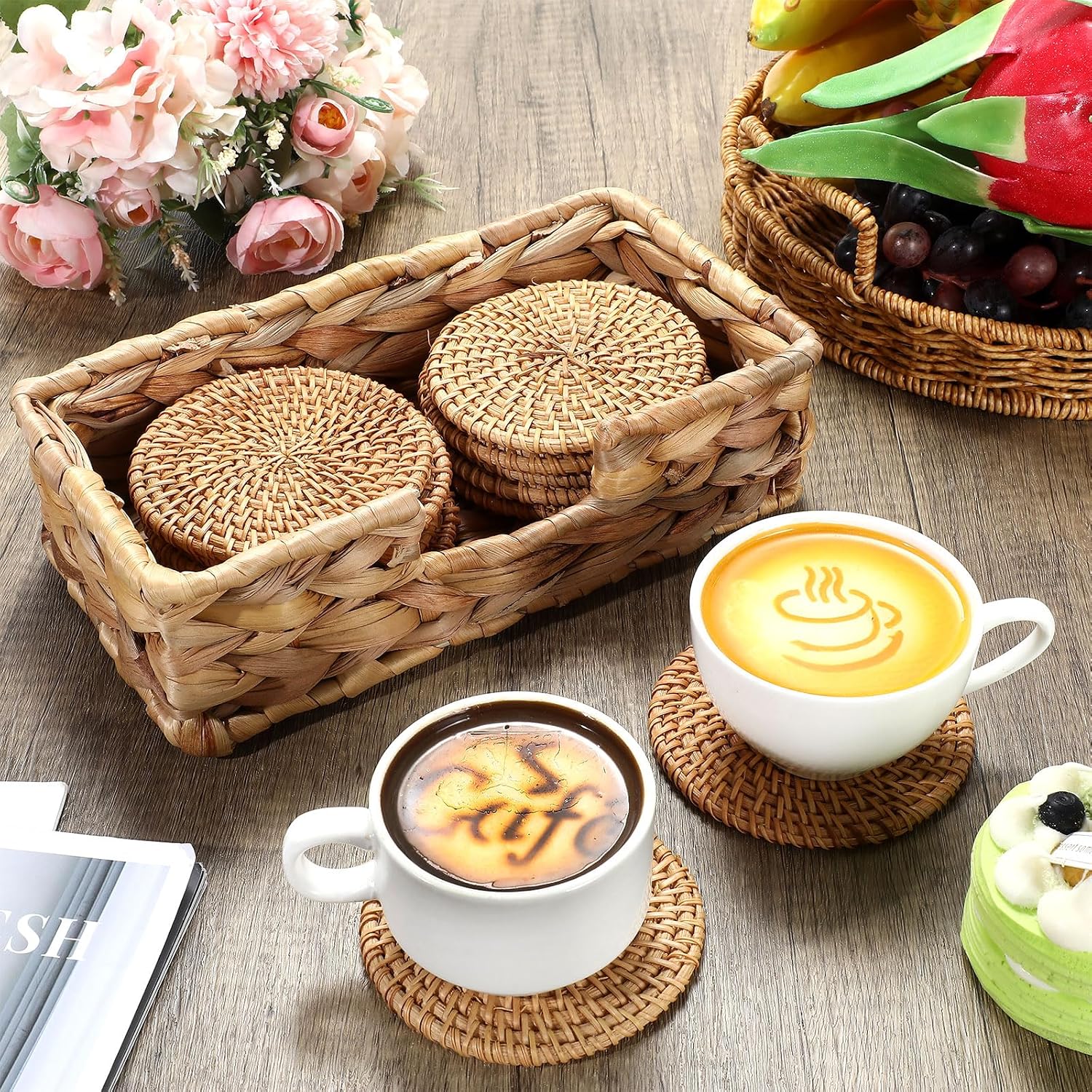 Holder Woven Wicker Boho Coasters Set Heat Resistant Drink Woven / Natural / Set of 12