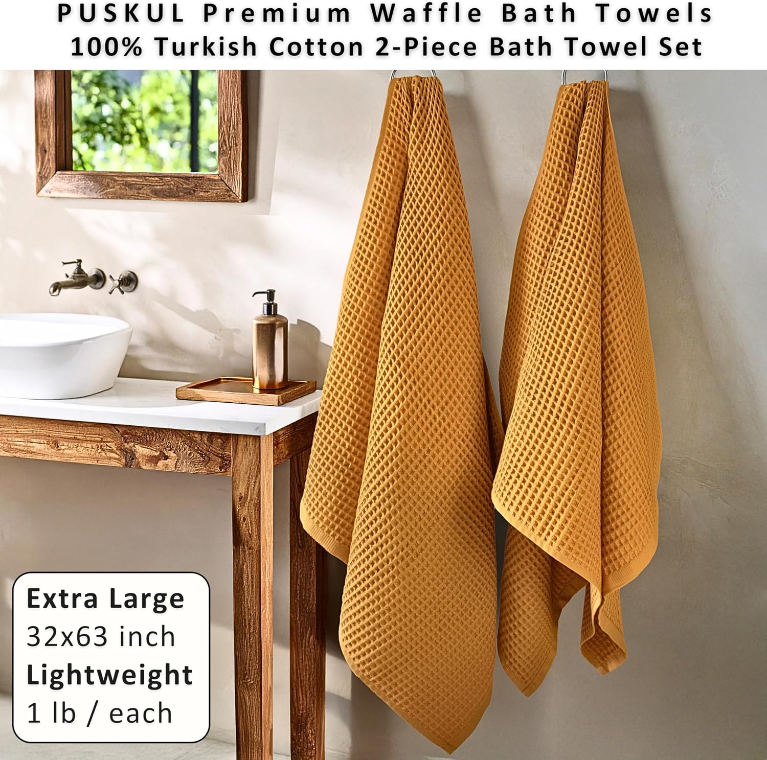 PÜSKÜL Natural 100% Turkish Cotton Waffle Bath Towels Set of 2, Extra-Large | Mustard, Oversize 32x63" Bath sheet towel