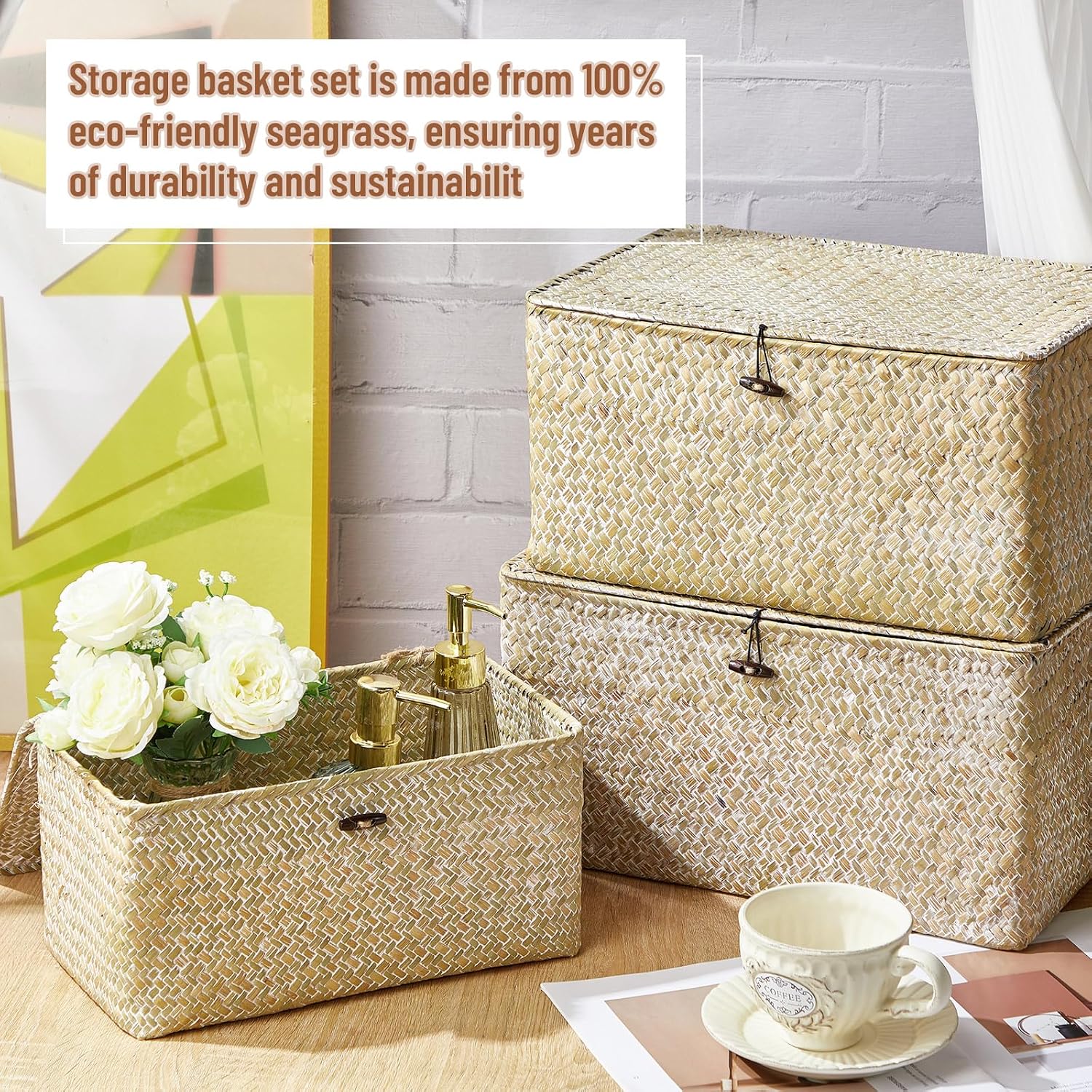 Seagrass Basket / Lids Bin Woven Organizer / White / Classic Style / Set of 6