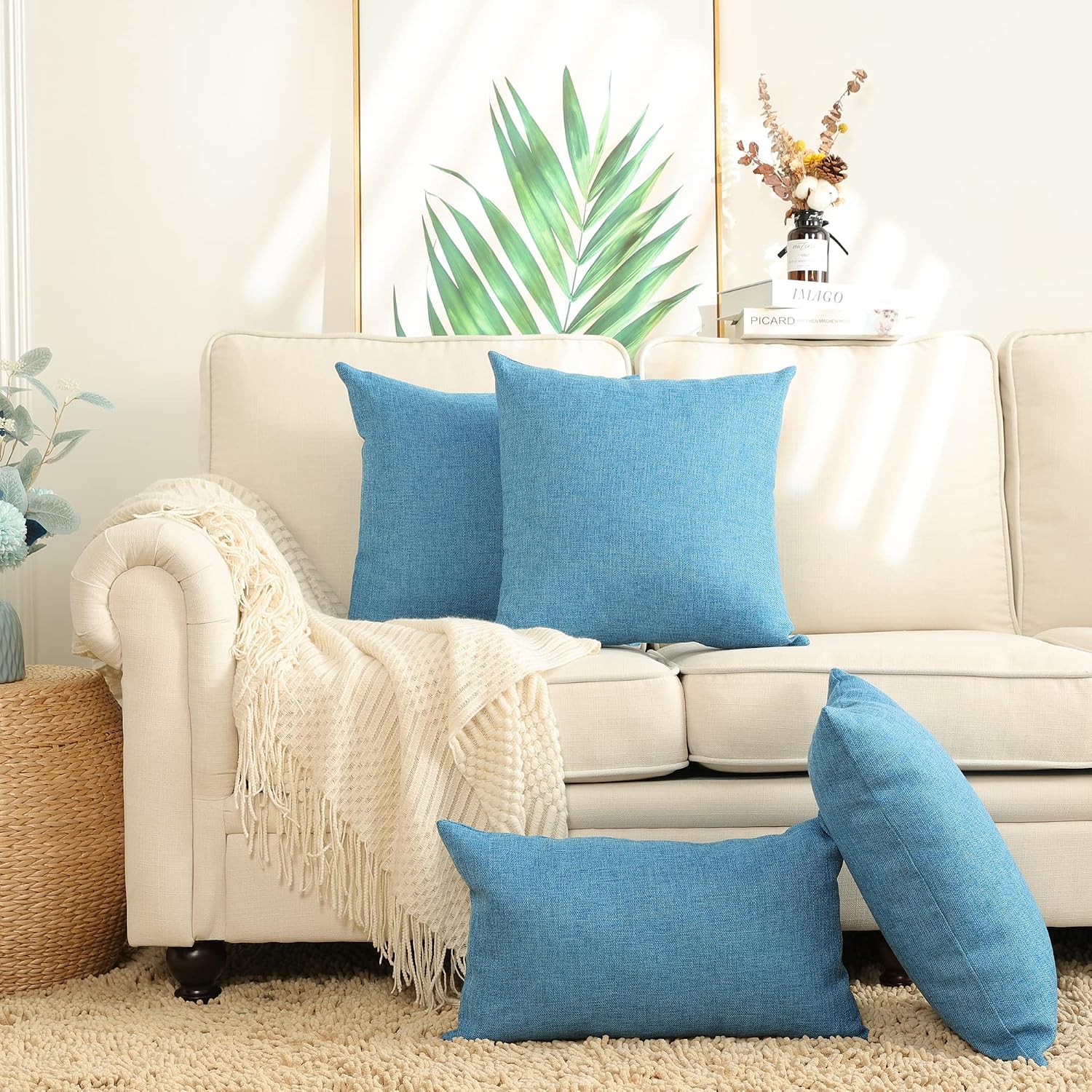 Burlap Throw Pillow Covers / 18 x 18 / Blue / Set of 2