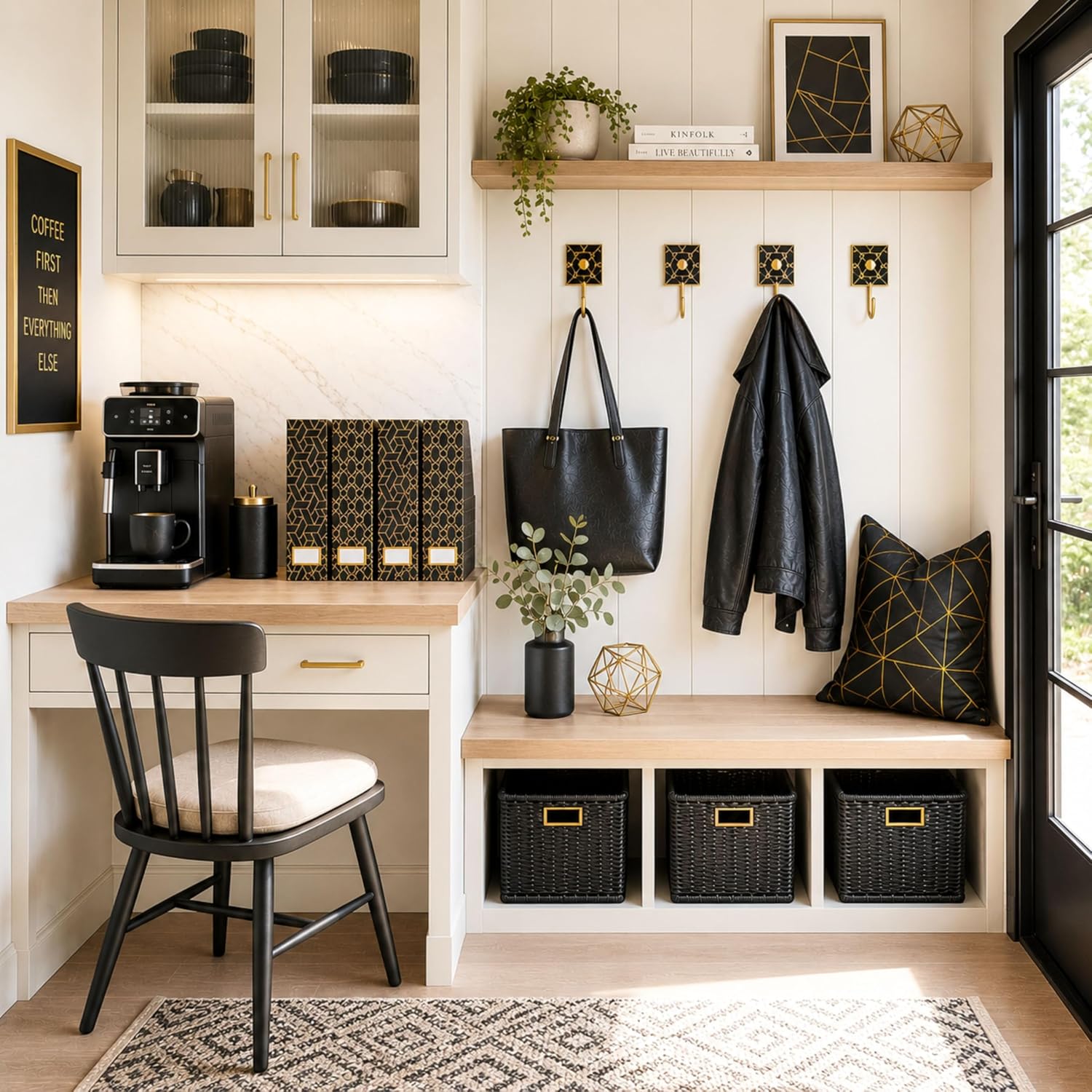 BLU MONACO | Set of 4 Black & Gold Geometric Magazine File Holders with Gold Label Holders | Stylish Vertical File