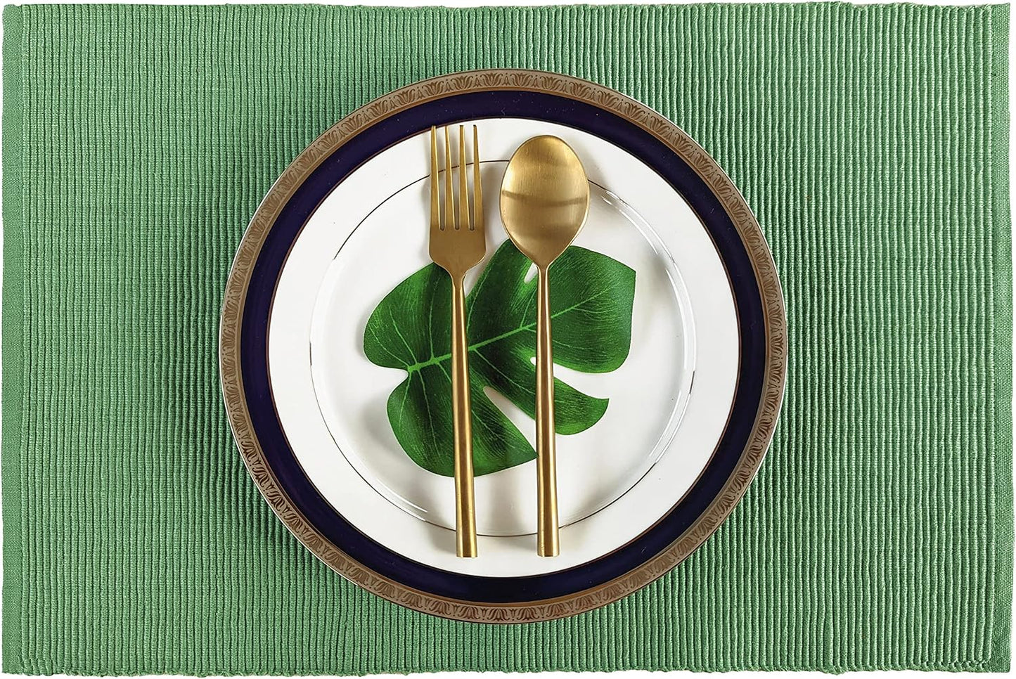 100% Cotton Ribbed Placemats - Set of 4-13 x 19 Inches - Green - Everyday/Christmas Cloth Table Mats - Thick