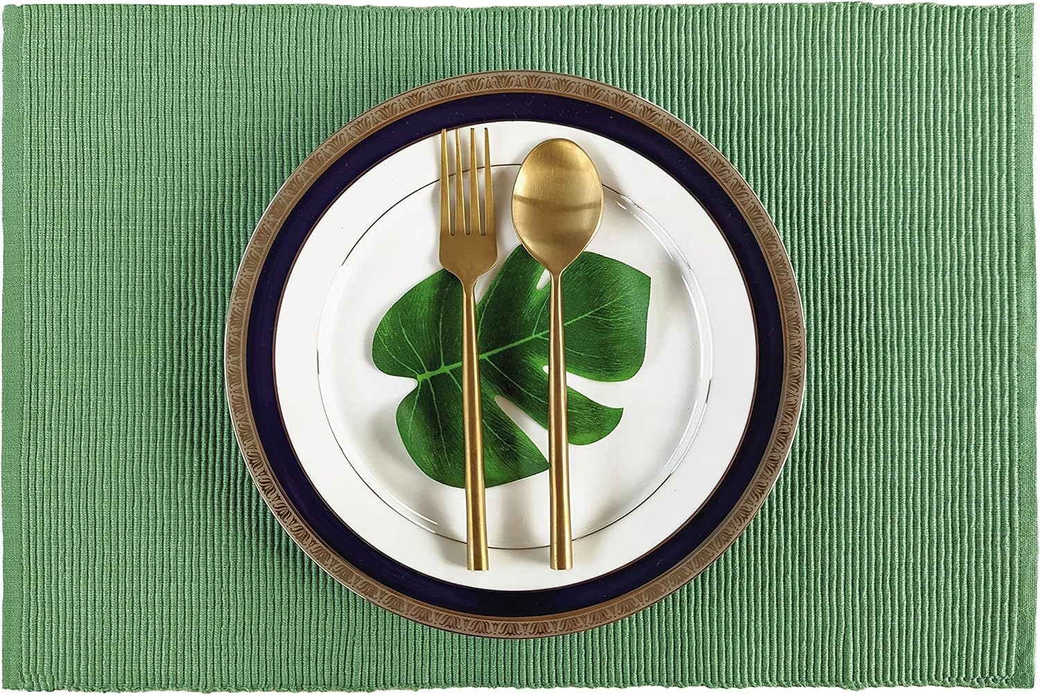 100% Cotton Ribbed Placemats - Set of 6-13 x 19 Inches - Green - Everyday/Christmas Cloth Table Mats - Thick