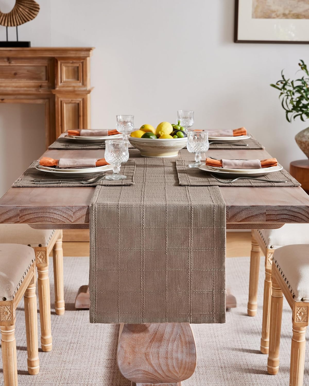 Linen Checked Farmhouse Placemats Set of 4, Cocoa Brown 13x19in | Double Layer, Reversible, Thick Textured Table Mats