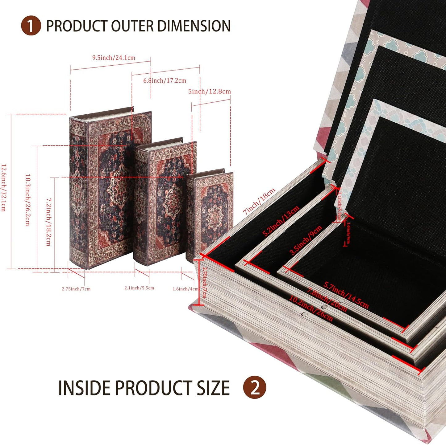 Wooden Book Box / 3 x Retro / Set of 3