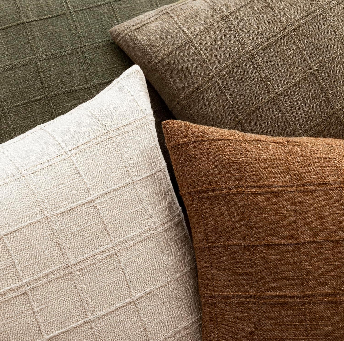 Decorative Linen Check Throw Pillow Covers Neutral Farmhouse / 18 x 18 / Brown Sugar / Set of 2