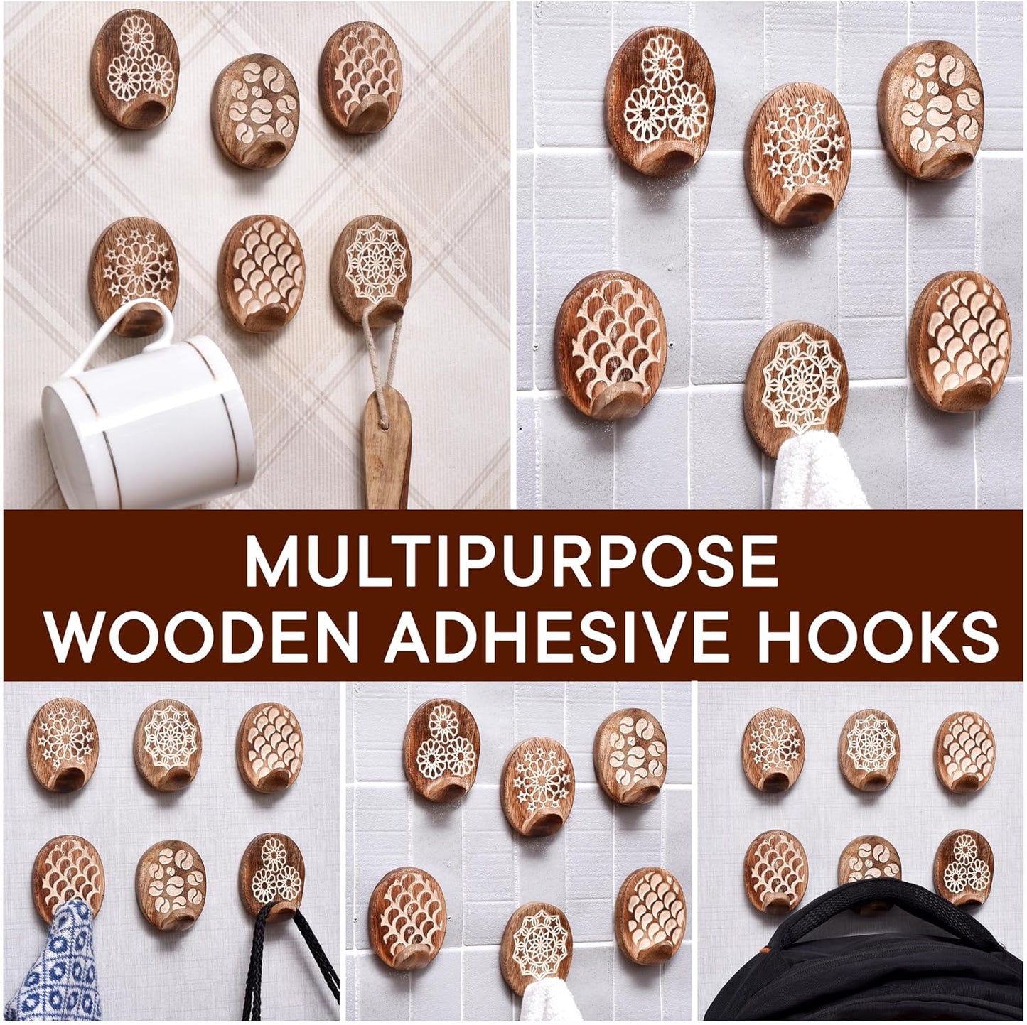 6 Lb Decorative Wood Adhesive Wall Hooks-Boho Peel and Stick Hooks / Brown Style 7 / Set of 6