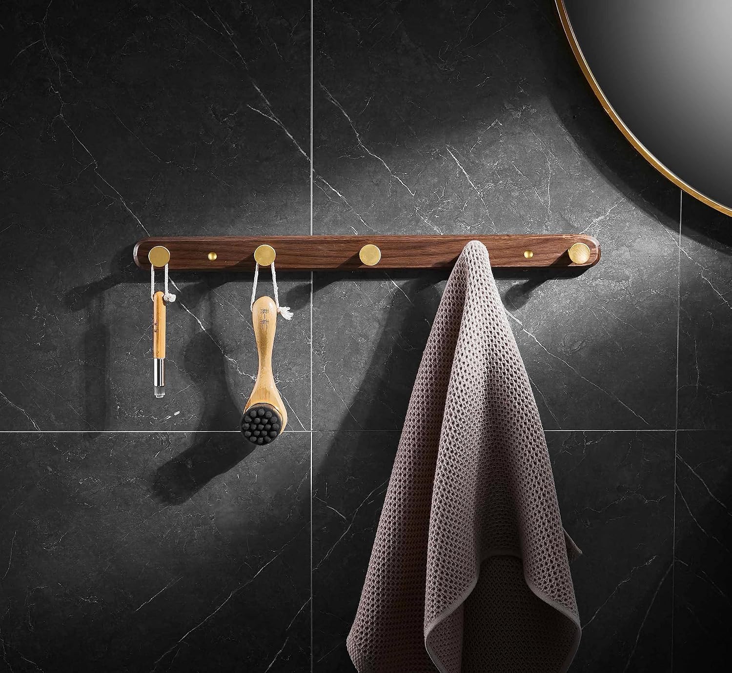 Wall Mounted Coat Rack, Metal Wood, with 5 Hooks | Walnut Gold Matt, For Coat, Scarf, Bag, Towel, Key, Cap, Hat