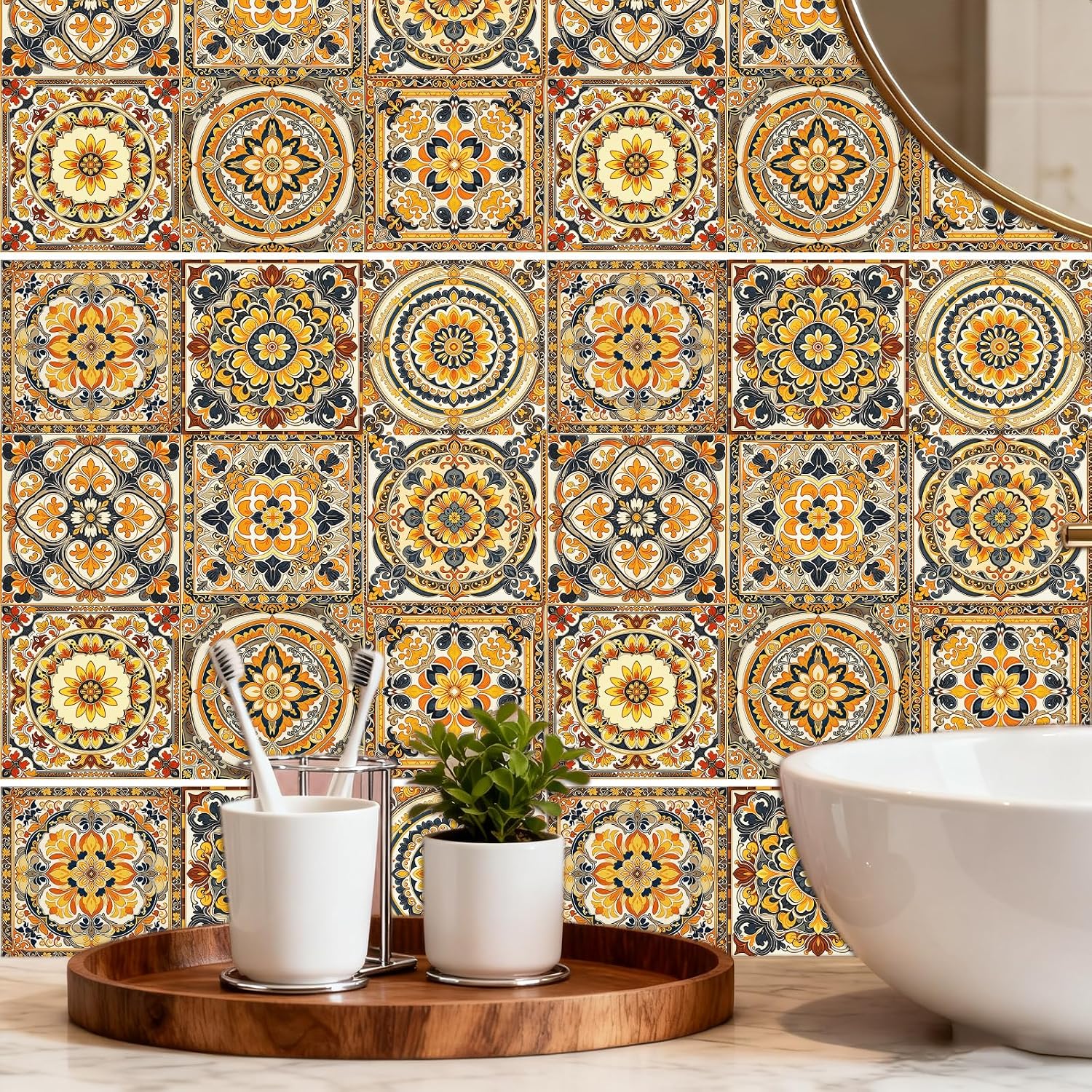 9 Style Peel and Stick Wall Tile Sticker Vintage Brownish- Wall / Mandala Pattern / Red / Set of 36