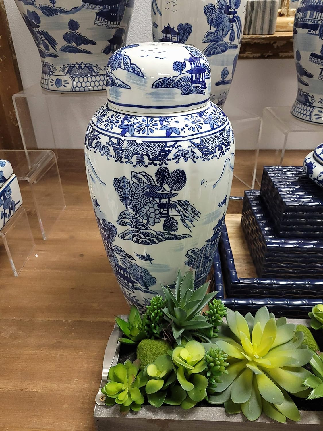 16" and White Urn Style Ceramic Porcelain Ginger Jar Temple Landscape Design Home Decor / Blue