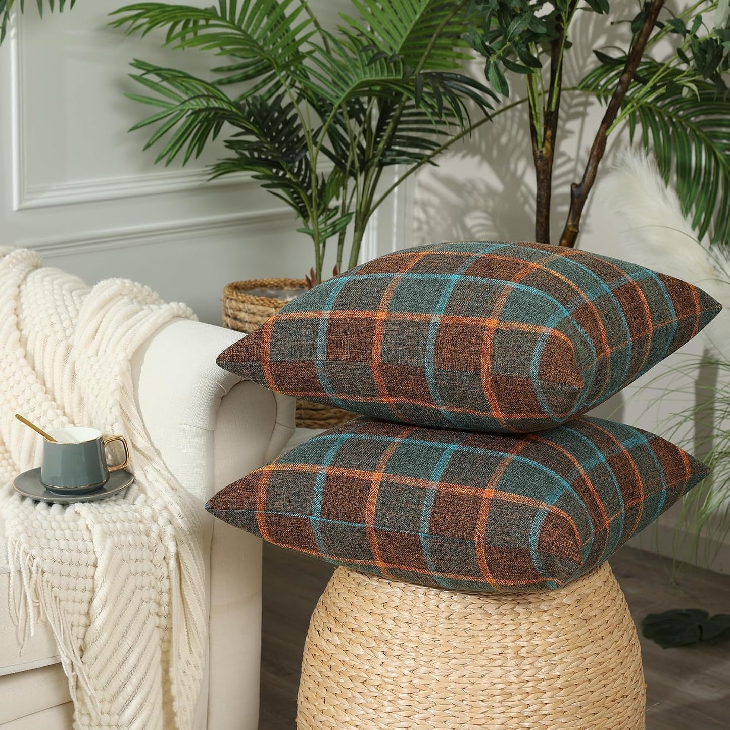 Farmhouse Plaid Decorative Cushion Covers / 18 x 18 / Check-blue Orange / Set of 2