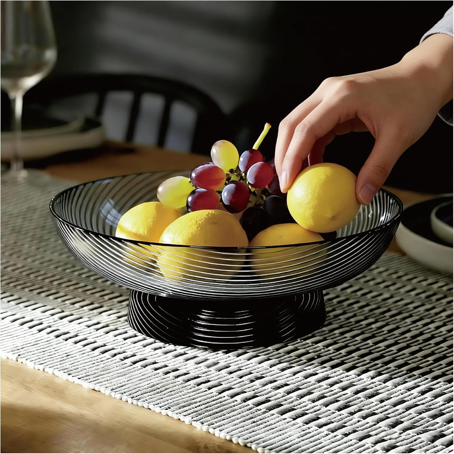 12" Ribbed Pedestal Decorative Bowl / Smoke Grey
