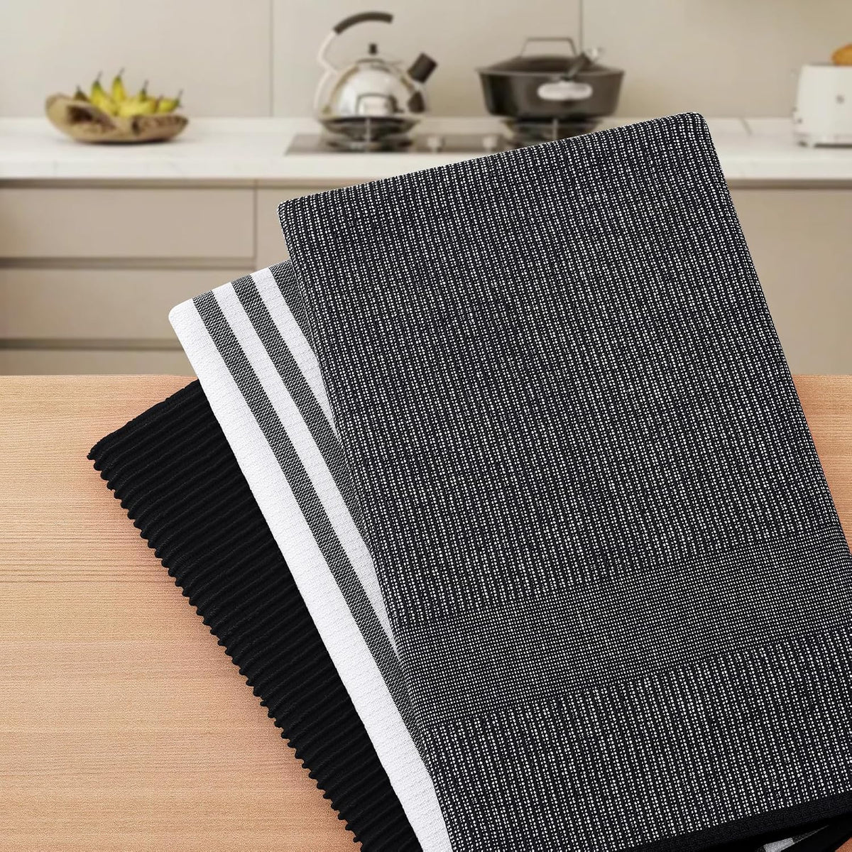 Homaxy Cotton 380 GSM Premium Kitchen Towels, 18"x 28", 9 Pack, Black | Soft and Absorbent Terry Dish Towels