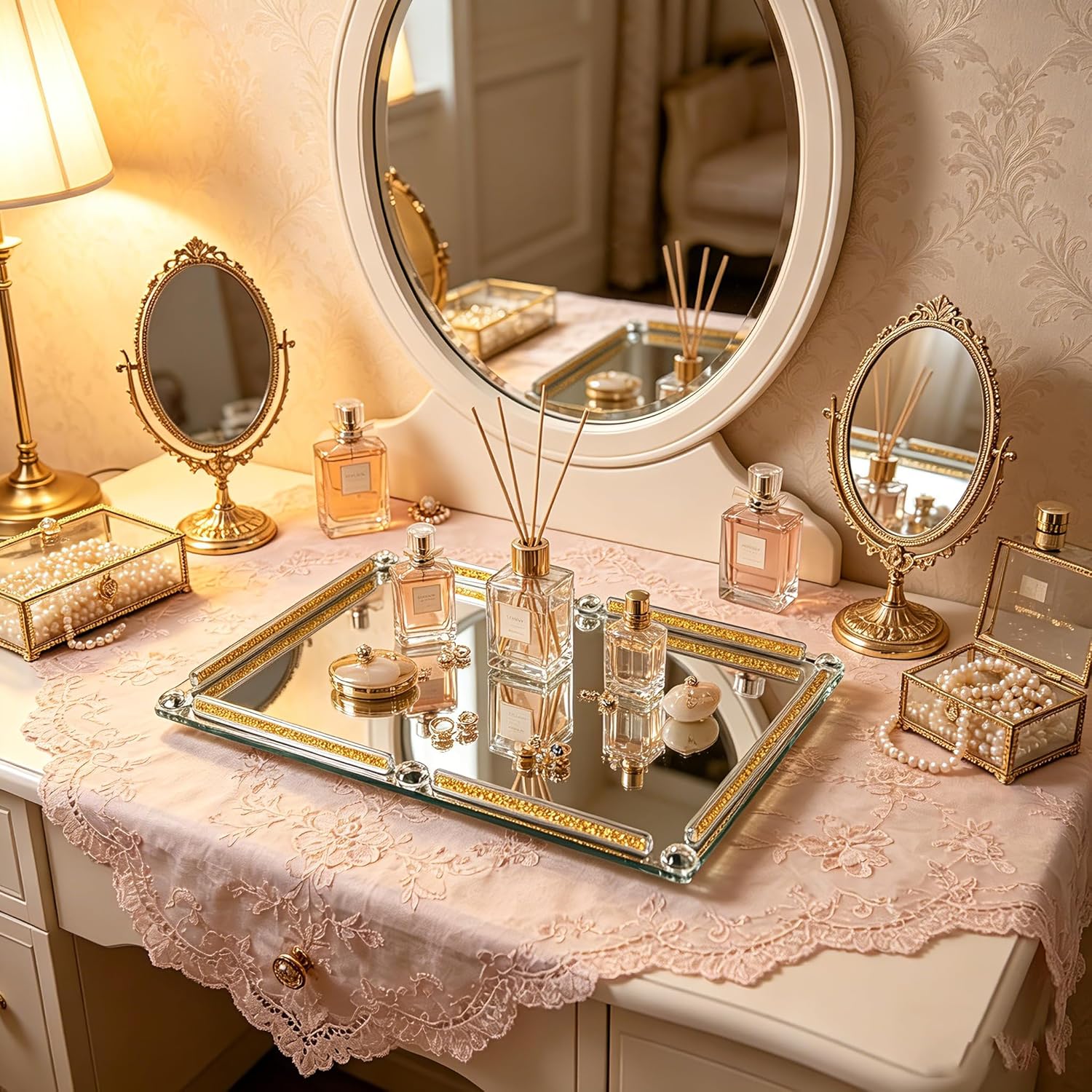 Crushed Diamond Filled Glass Vanity Tray / Gold / 15.7 x 11.8 x 1.4