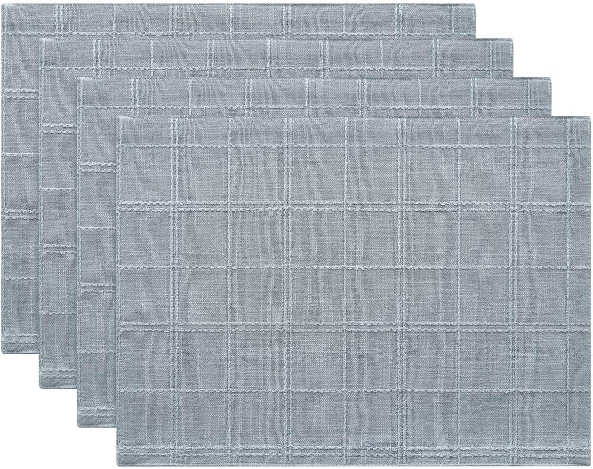 Linen Checked Farmhouse Placemats Set of 4, Chambray 13x19in | Double Layer, Reversible, Thick Textured Table Mats