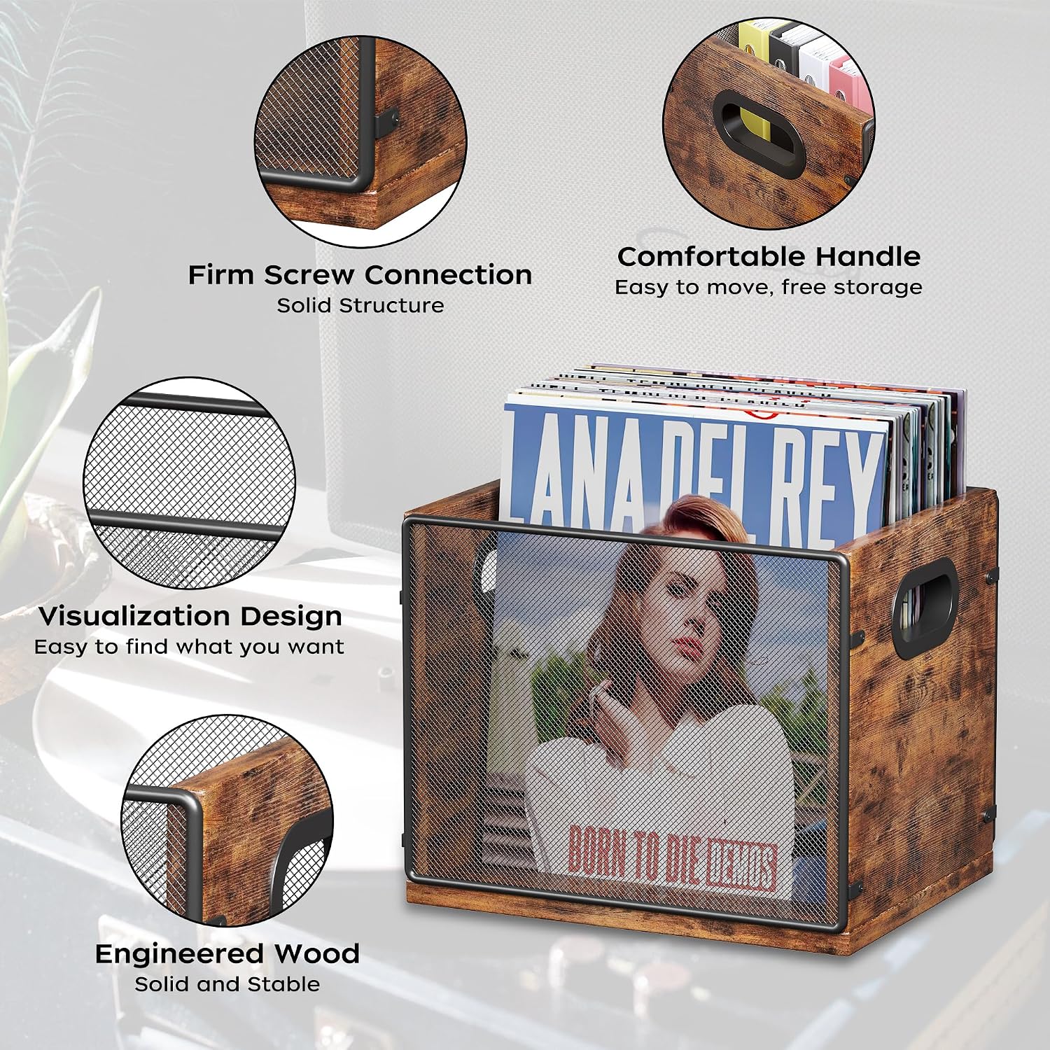 Homeiju Wooden & Metal Record Crate - Vinyl Album Holder & Organizer, Holds Up to 60 Records