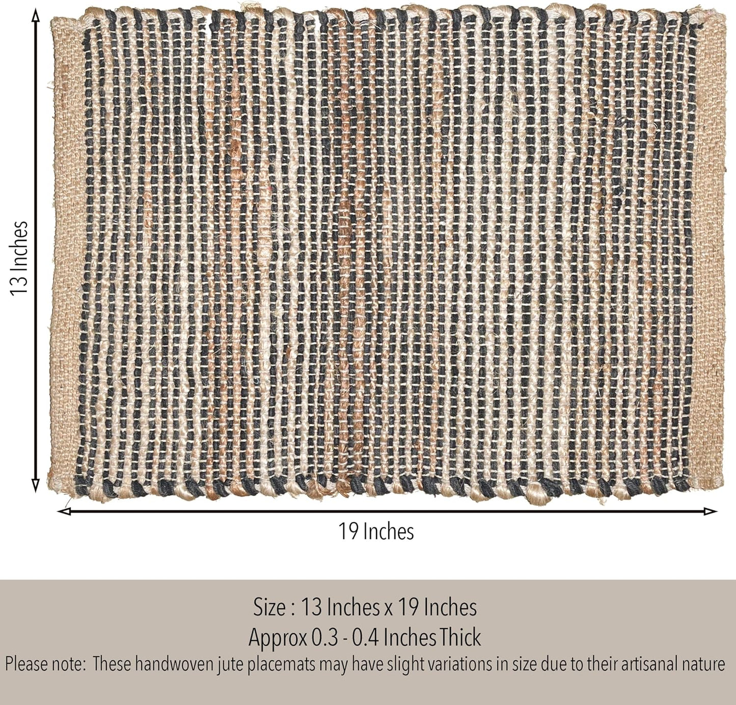 Natural Jute & Black Placemats, Set of 4 – Rustic Handmade Boho Table Mats, 13x19 Inch Dining Table Placemats for