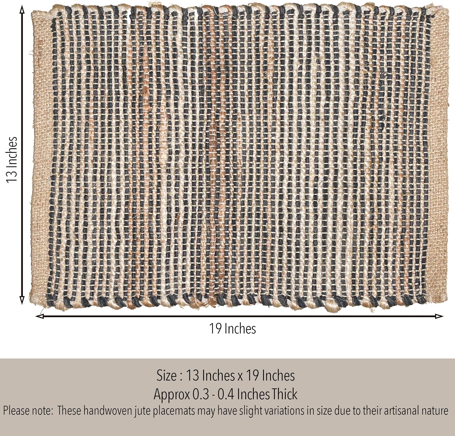 Natural Jute & Black Placemats, Set of 4 – Rustic Handmade Boho Table Mats, 13x19 Inch Dining Table Placemats for
