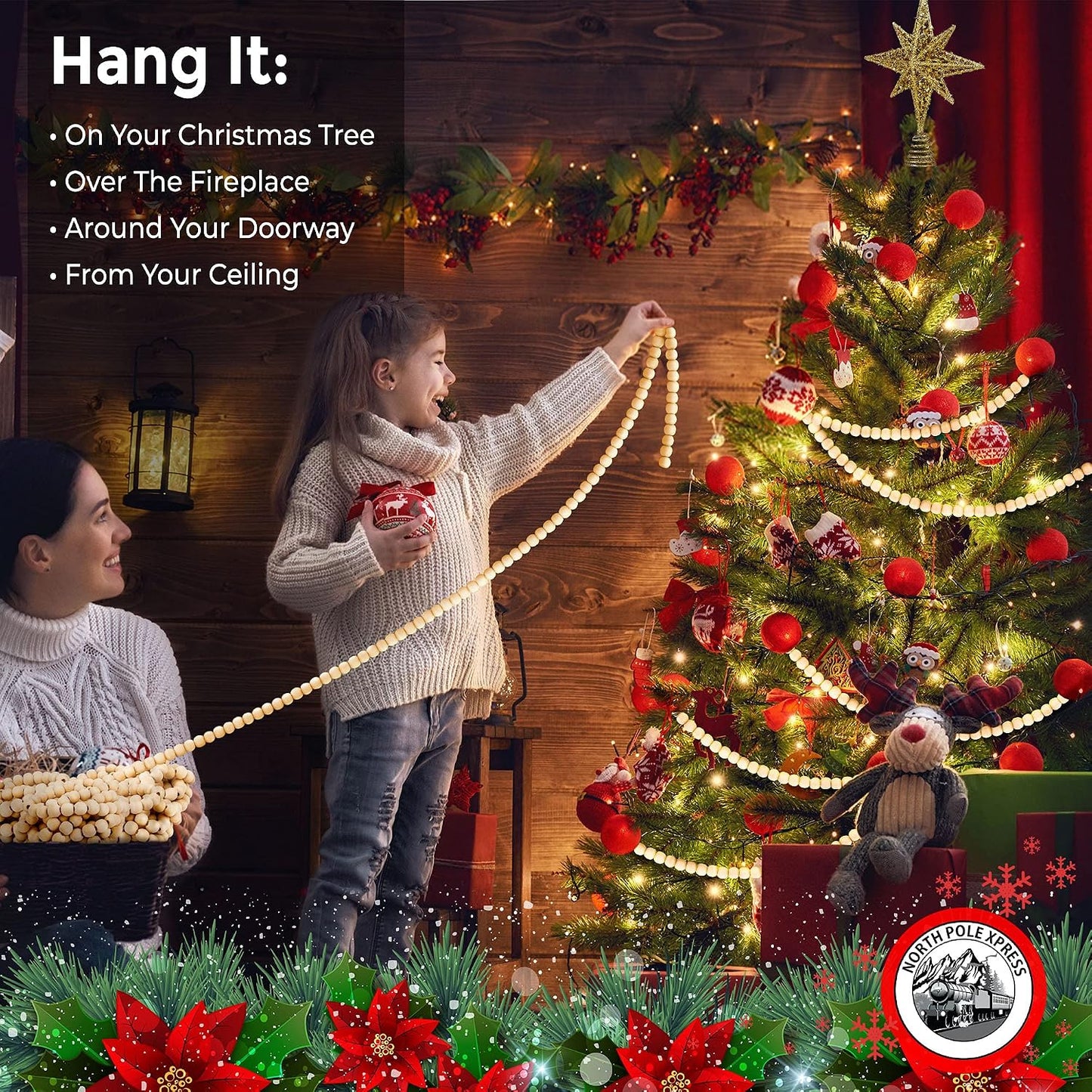 9 Foot Wood Bead Christmas Garland / Natural